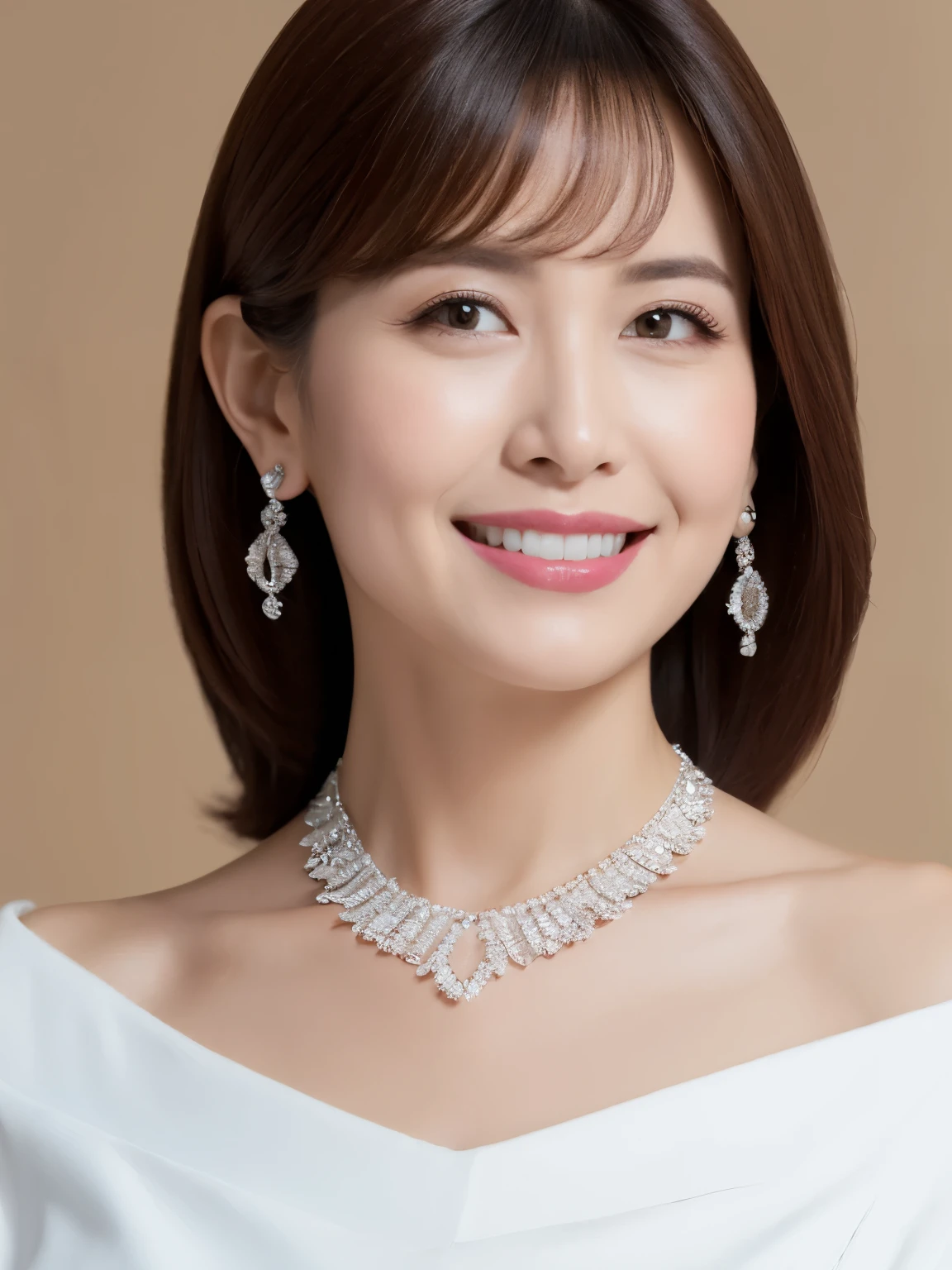 (Solo:1.3),8K, Best quality, Masterpiece, Realistic, Super detail, f/1.2, 85mm, Nikon, Smiling woman with shiny hair, Natural makeup, 50 years old woman, white off-shoulder tops，Ruffled sleeves, Diamond pendant necklace, Emphasize chest, waist shot,