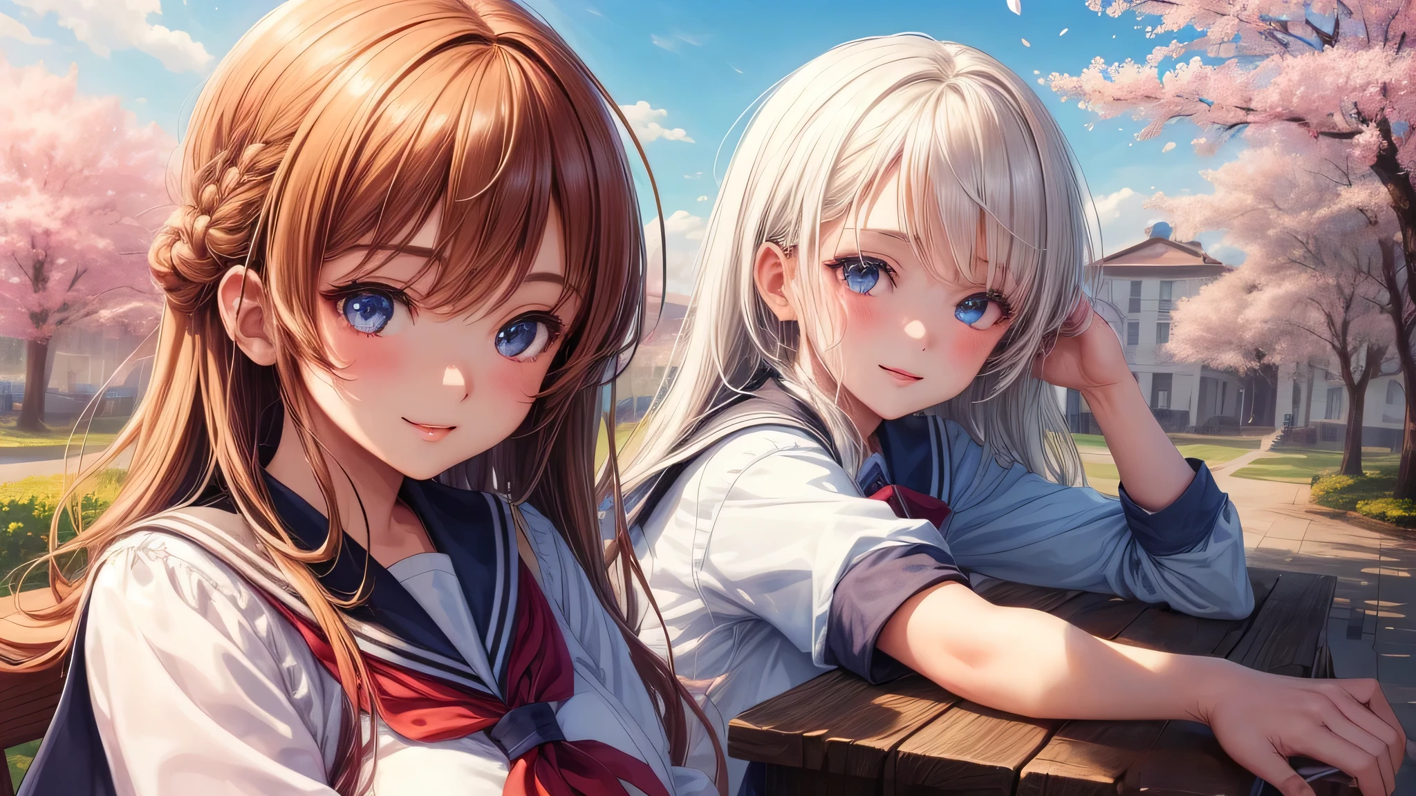 (2 girls:1.2), beautiful girl, shining smile, air bangs, (school uniform, mini skirt:1.2), (highest quality: 1.4), (Super detailed), (highest quality:1.4), (super detailed), Day光, cherry blossoms, (School, old School building), outdoors, Sunny, cloud, Day, blue sky, (anime illustration), very high resolution, (Upper body), close up face