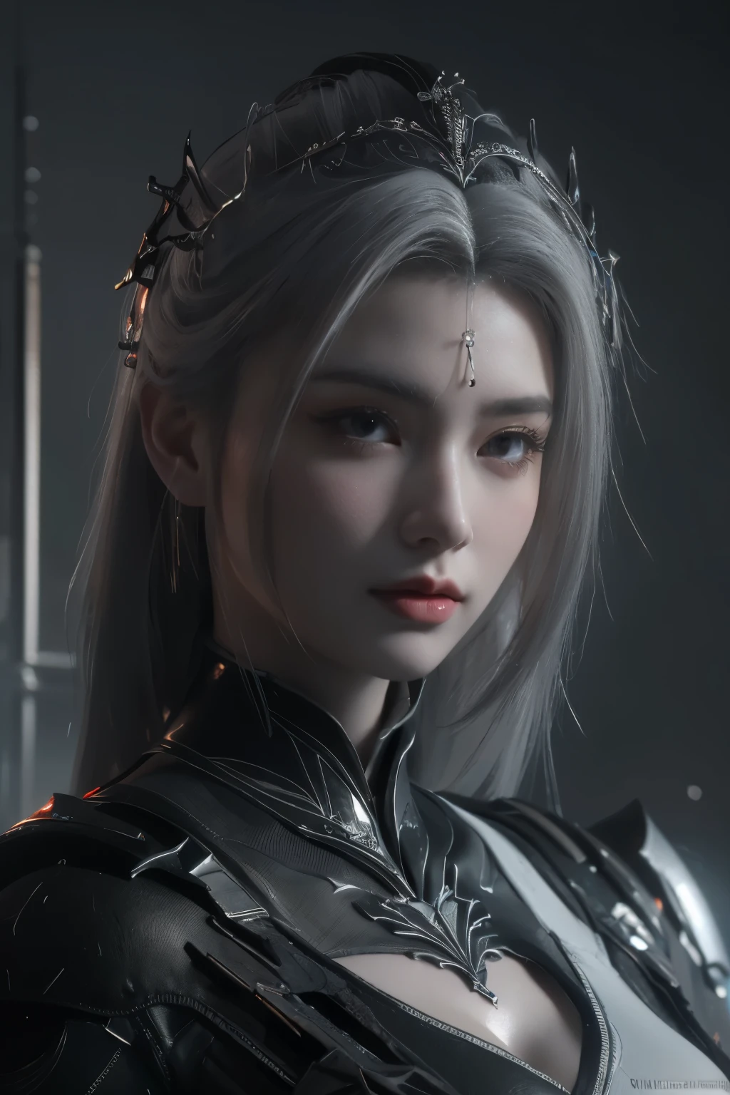 Masterpiece,Game art,The best picture quality,Highest resolution,8K,(Portrait),Unreal Engine 5 rendering works,(Digital Photography),((Portrait Feature:1.5)),
20 year old girl,Short hair details,With long bangs,(The red eye makeup is very meticulous),(With long gray hair:1.4),(Large, full breasts),Elegant and noble,Brave and charming,
(Future armor combined with the characteristics of ancient Chinese armor,Hollow design,Power Armor,The mysterious Eastern runes,A delicate dress pattern,A flash of magic),Warrior of the future,Cyberpunk figures,Background of war,
Movie lights，Ray tracing，Game CG，((3D Unreal Engine))，OC rendering reflection pattern