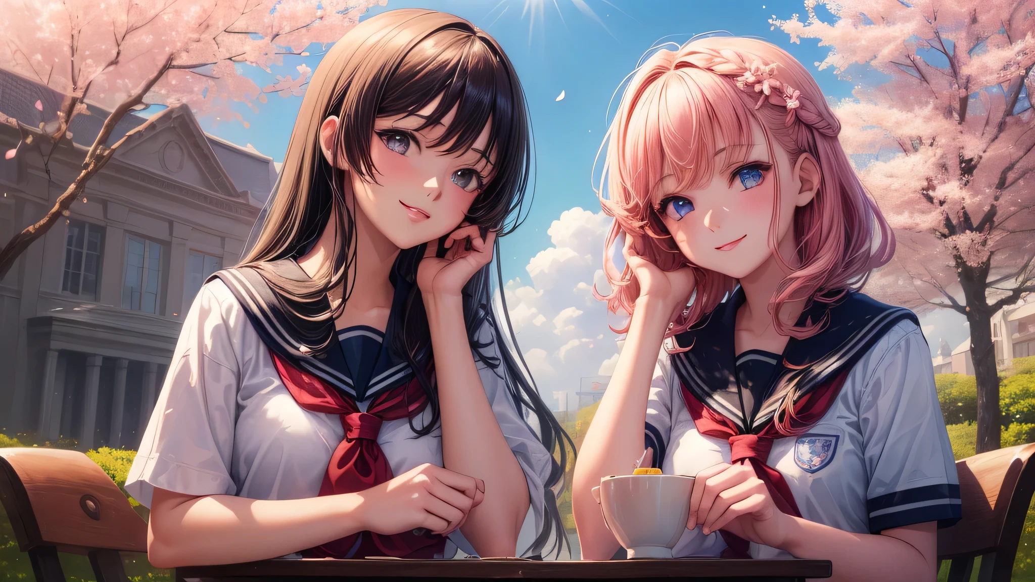 (2 girls:1.2), beautiful girl, shining smile, air bangs, (school uniform, mini skirt:1.2), (highest quality: 1.4), (Super detailed), (highest quality:1.4), (super detailed), Day光, cherry blossoms, (School, old School building),  outdoors, Sunny, cloud, Day,  blue sky, (anime illustration), very high resolution, (Upper body), close up face