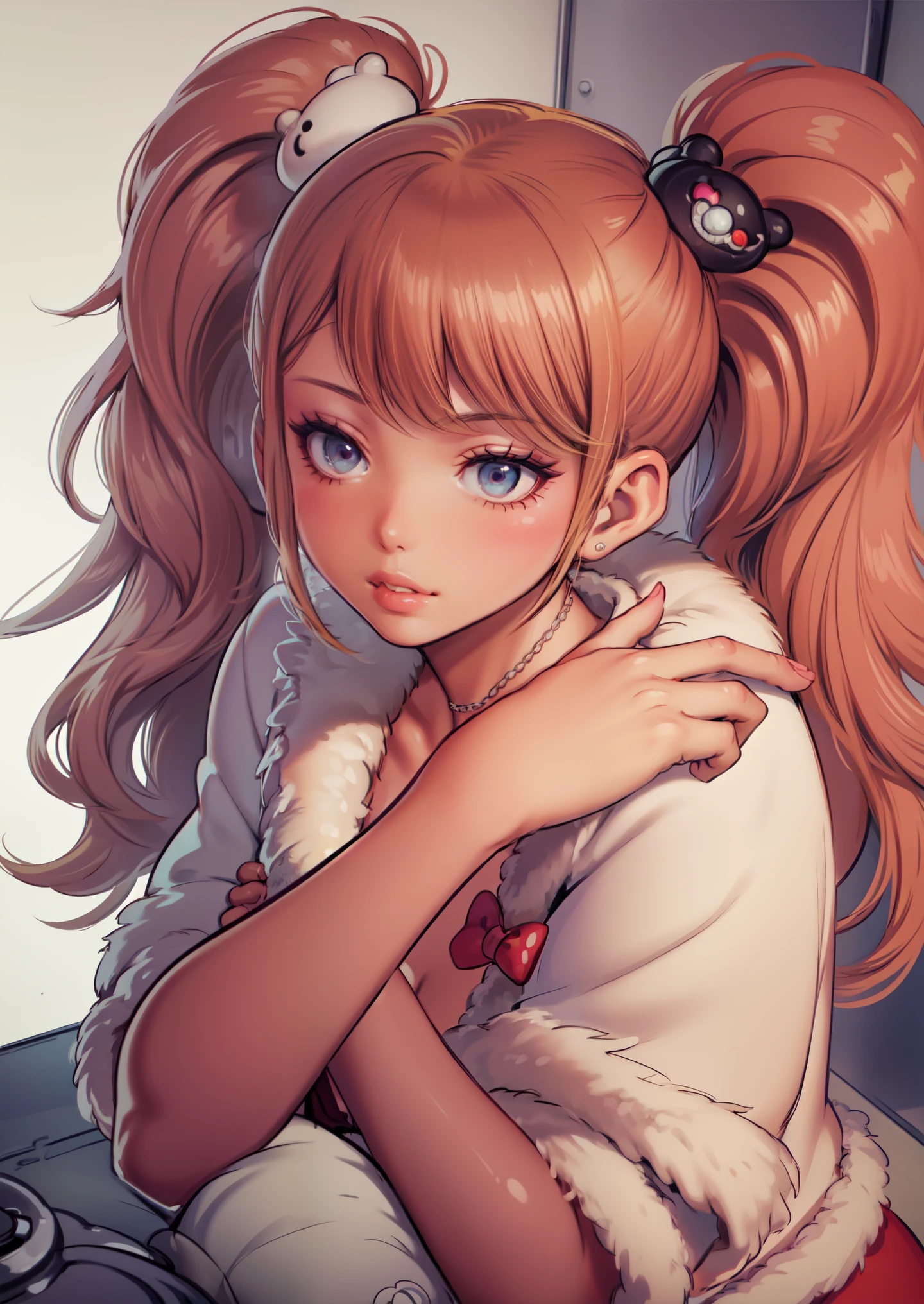 body++, darkskin+++++, tanned+++, dark brown skin1:8++, bright orange hair, hair down, pink eye, big breast++, thick lips, pink bow+, detailed eyes+, (highest quality, amazing details:1.3), (solo:1.3), masterpiece, glossy lips, dolly lips+, Inside background, comfy home, gift boxes++, smirk+, clevage+, red winter fur outfit+, snow boots, earmuffs, facing forward+ close up+,
