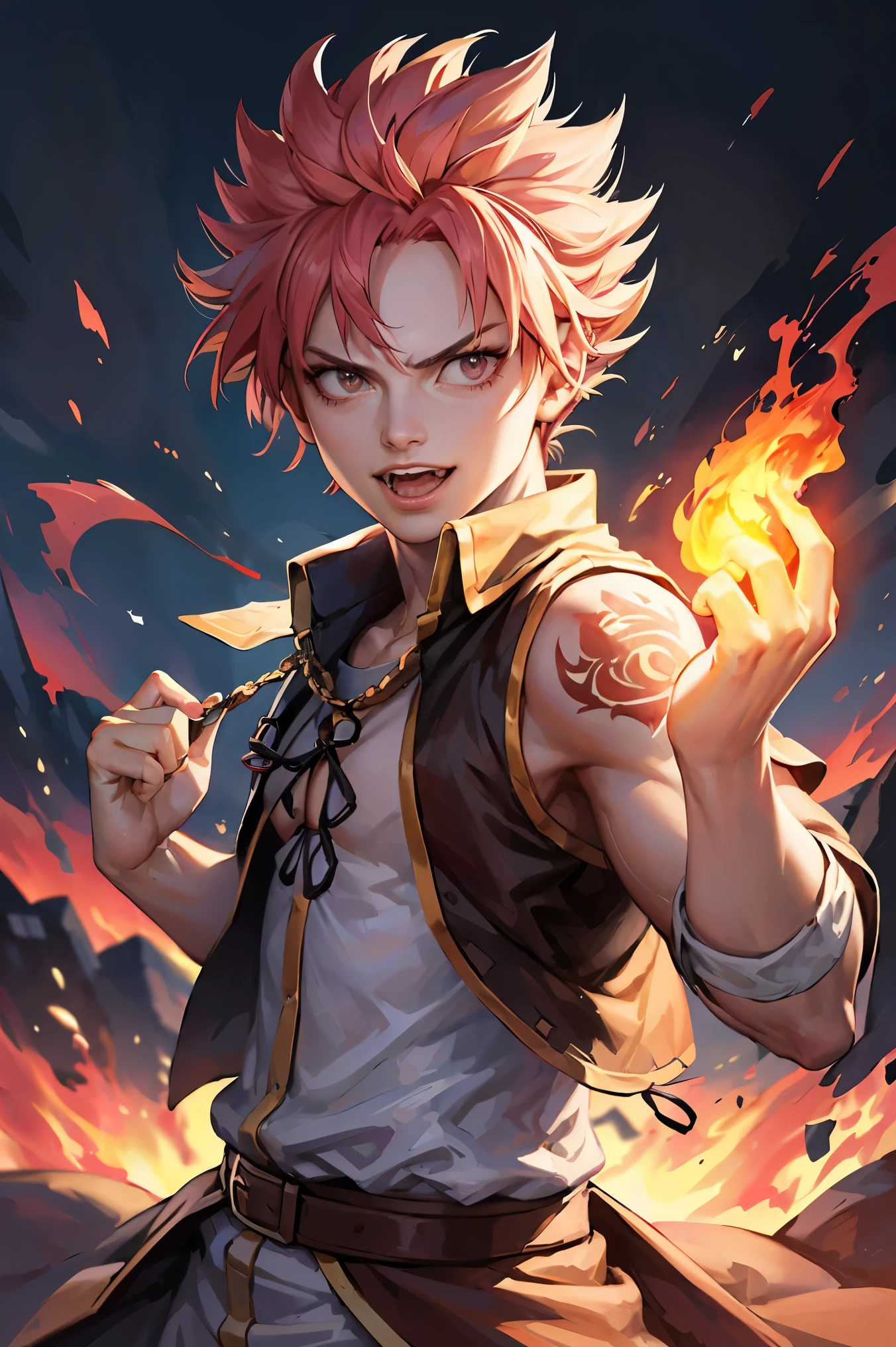 (4k,8k,best quality, masterpiece:1.2), ultra-detailed, realistic, perfect face, perfect nose, detailed hair, detailed eyes, detailed lipedium short shot))), realistic colors, studio lightning, small mouth, looking at viewer, happy, confident pose, natsu_dragneel, looking at viewer, pyrokinesis, 17s, fire, 1boy, fighting stance, red dragon, school uniform