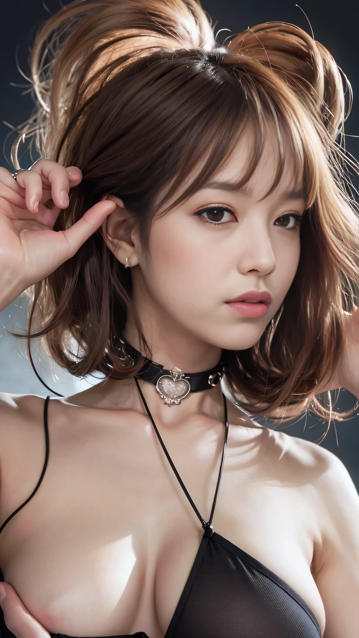 random pose, mix 4, (8k, RAW photo, highest quality, masterpiece: 1.45), (realistic, photorealistic: 1.37), one girl, cute, cityscape, night, rain, Wet, professional lighting, photon mapping, radio city, Physically based rendering, gradient black hair, gray hair, short curly hair, good looking, girl, Deep V-neckline slip dress, highest qualityの写真, High resolution, 1080p, (cute face), (Detailed facial description), (Detailed explanation of hand masterpiece), (Detailed CG), extreme light and shadow, messy hair, master work, Rich details, (detailed facial features), (highest qualityの写真), (masterpiece), (fine eyes), look in front of you, thin clavicle, ((big breasts, huge areola)),(((areola_slip))),((puffy areolae)),((side boob)),(underboob),(((collar))),earrings,