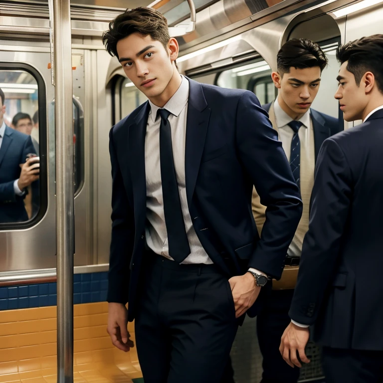 man in the subway，Standing in a subway car，Ultra-flat head，Wearing a suit，huge bulge, leg apart，musculous，Handsome， pervert smirk，exhilarated，full bodyesbian，Exposing thighs， In crowded subway cars， 16k resolution , ultra-high clarity , hyperrealism , ultra hd picture , uhd , details face , details , handsome man , high quality
