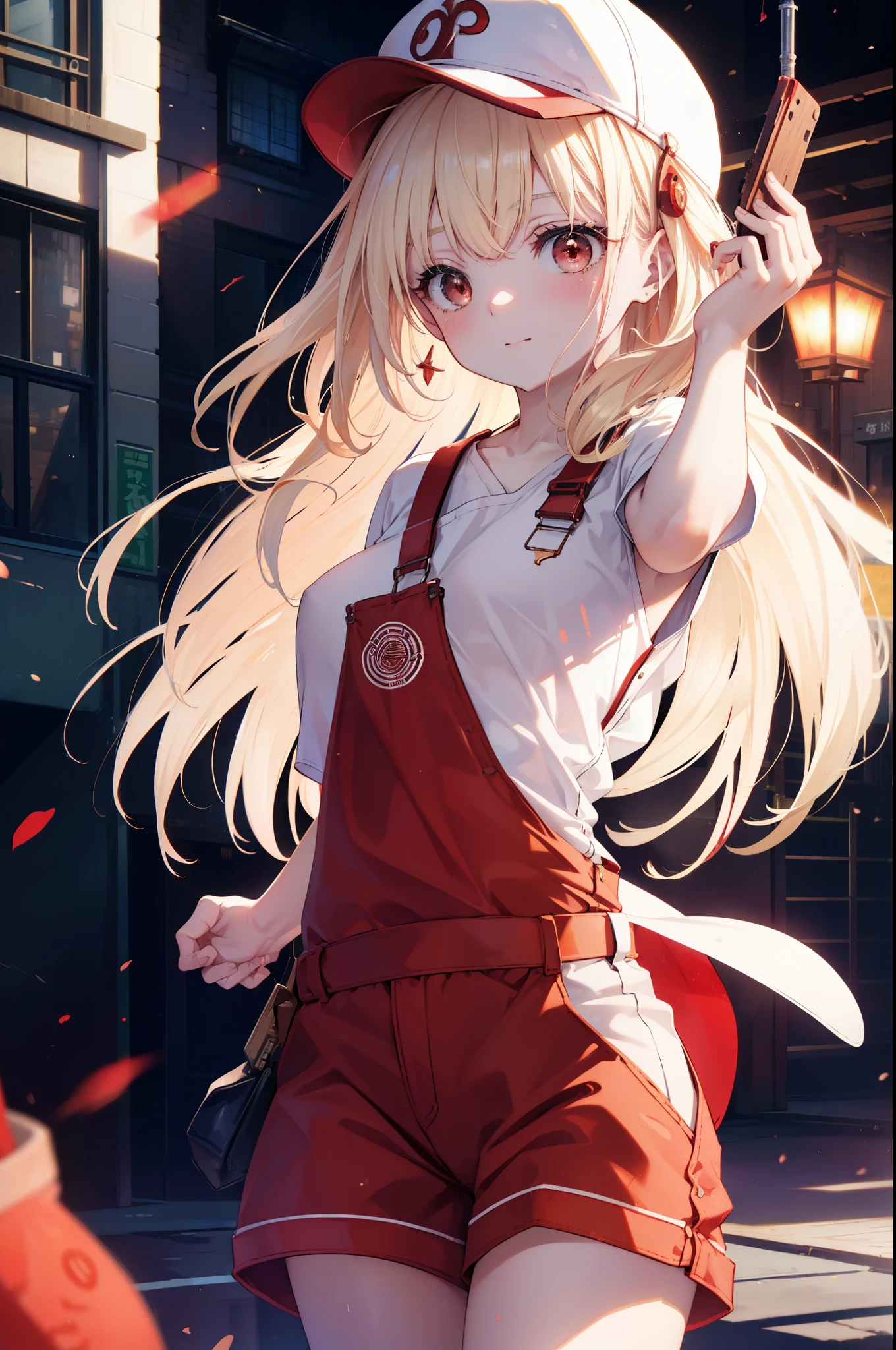 chisatonishikigi, nishikigi chisato, long hair, bangs, blonde hair, (red eyes:1.5), one side up,smile,blush,baseball hat,red sleeveless,Overalls with the handle off,short sneakers,
break outdoors, In town,ビル街
break looking at viewer, (cowboy shot:1.5),
break (masterpiece:1.2), highest quality, High resolution, unity 8k wallpaper, (figure:0.8), (detailed and beautiful eyes:1.6), highly detailed face, perfect lighting, Very detailed CG, (perfect hands, perfect anatomy),