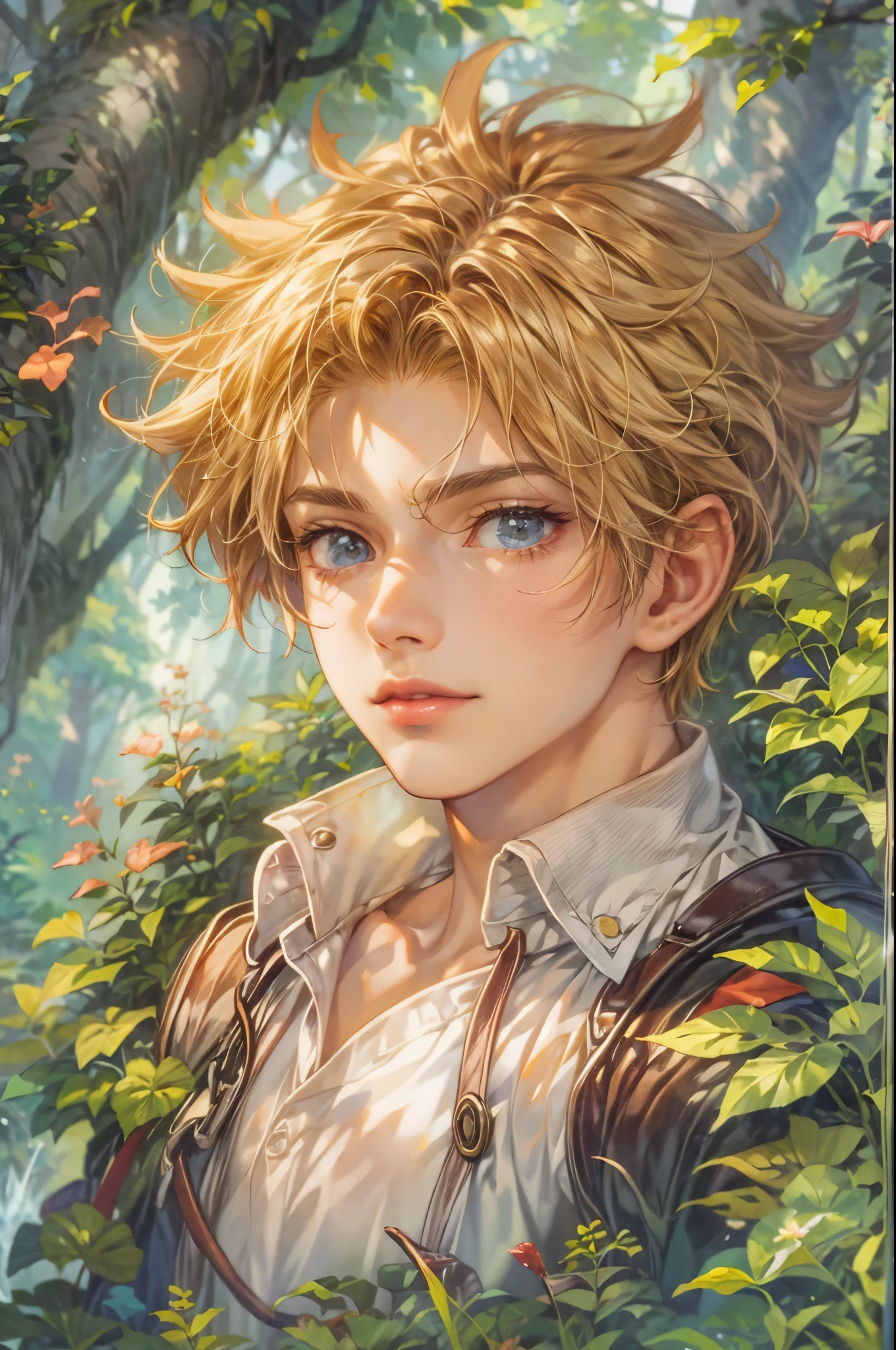 ((Best quality)), ((masterpiece)), (detailed), ((perfect face)), ((halfbody)) handsome face, male, boy, perfect proportions , a character from anime legend of mana teardrop crystal, short hair, male version , Yoko Shimamura art, detailed ghibli forest background, detailed ghibli scenery background