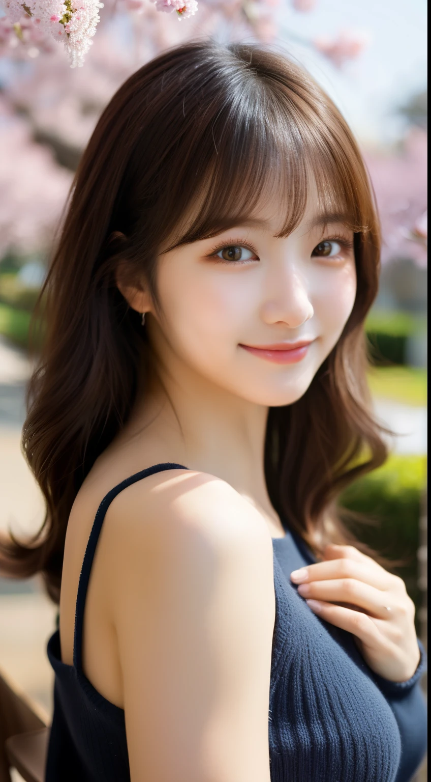 ulzzang-6500-v1.1,(Masterpiece, BestQuality:1.3),(table top:1.3), High resolution, super detailed, very detailed,8k wallpaper, realistic, Photoreal, RAW photo, BREAK Solo、japanese women, 20-year-old、beautiful face,cute, beautiful and detailed face, Open your mouth slightly and smile, detailed eye description, white skin, realistic glitter skin, (brown hair、long hair,detailed hair texture, With bangs),Light makeup, looking at camera,larger breasts, acura, anatomically correct, very detailed顔と肌の質感, natural neck length, wool sweater、tight sweater,fine cloth texture,mini skirt、Cherry blossom trees,Harajuku