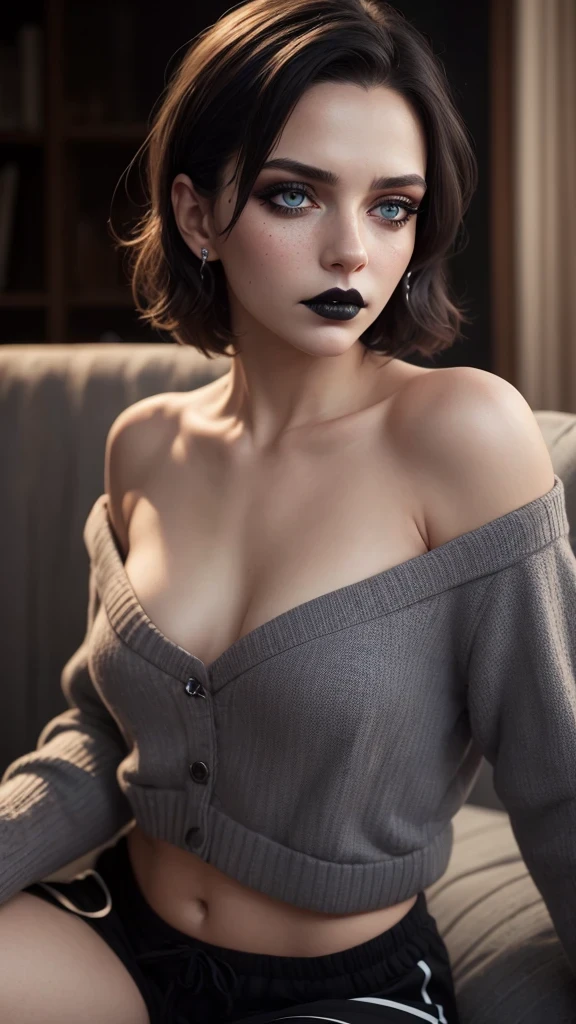 ((best quality: 1.5)) ((masterpiece: 0.8)), intricate details, sharp focus, professional, real life, realistic representation of the face, dynamic pose, in the style of realistic and hyper detailed renderings BREAK ((detailed middleaged woman, (((soft loose gray sweater, [black hair:purple hair:0.4], messy frizzy hair, ((([flat chest:medium breasts:0.8])))), lounging, couch, night, dim lighting, firelight, looking away, (((black sweatpants, off shoulder, dark gothic makeup, black lipstick, frustrated)), iceblue eyes))), freckles: 0.6)), photorealistic, hyper-realistic, 8K