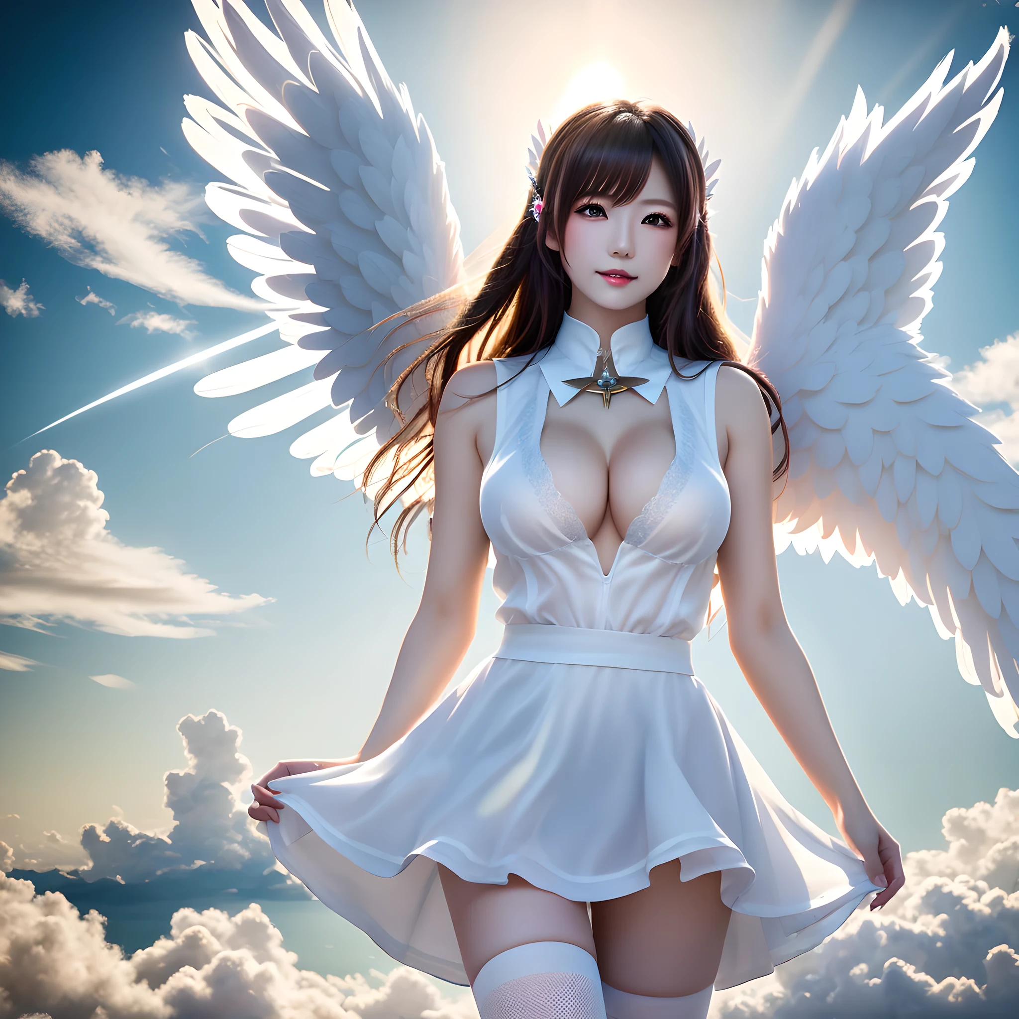 masterpiece,best quality,ultra detailed,high resolution,8k,cinematic lighting,super detailed skin,highly detailed background,elaborately designed clothes,japanese,cute,kawaii,smaller face, teenage,small breasts,A Japanese beauty dressed as a white angel, featuring prominently white thigh-high socks. The skirt is short, ending just at the thigh to highlight the socks. The outfit subtly reveals cleavage, balancing mature charm with angelic purity. The full body is in frame, set against a backdrop of soft, streaming light atop clouds in the sky. The character stands at a slight angle, gazing up towards the camera with a gentle smile. The light softly reflects off her hair and costume, creating a translucent and mystical aura. The vast blue sky and white clouds stretch out behind her, symbolizing peace and purity, with clouds softly floating around her feet, symbolizing the lightness and freedom of being an angel.
