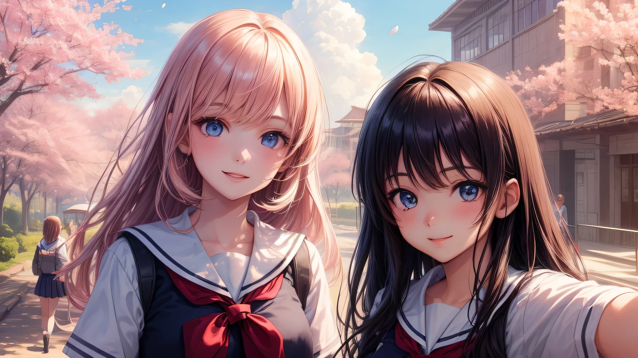 (2 girls:1.2), beautiful girl, shining smile, air bangs, (school uniform, mini skirt:1.2), (highest quality: 1.4), (Super detailed), (highest quality:1.4), (super detailed), Day光, cherry blossoms, (School, old School building),  outdoors, Sunny, cloud, Day,  blue sky, (anime illustration), very high resolution, (Upper body), close up face