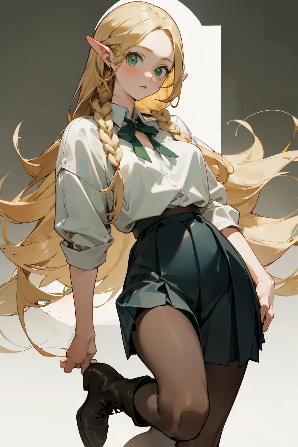 pantyhose,pleated skirt,white top,boots, fashion clothing,long blonde hair, bust and waist,beautiful blonde,(masterpiece),((best quality)),(super detailed),(beautiful eyes beautiful details green eyes,Clean and delicate face)