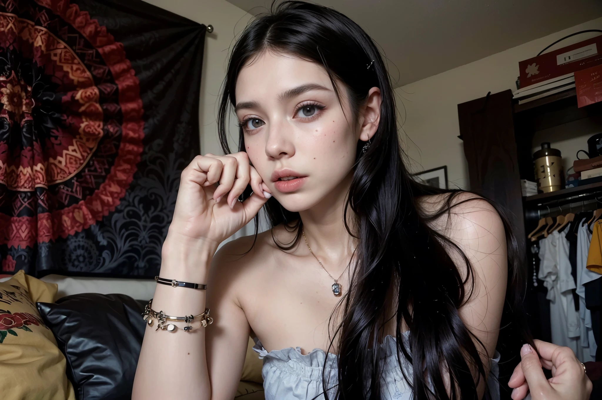 Mujer araffada con largo cabello negro sentada en una cama., con pelo largo y ojos penetrantes, cabello oscuro y maquillaje, cara sexy con maquillaje completo, pale gothic beauty, hermosa cara atractiva, pale, shiny skin, hermoso cuerpo y rostro detallados, 1 7 year old gothic girl, extremely pale white skin, pelo negro y ojos grandes