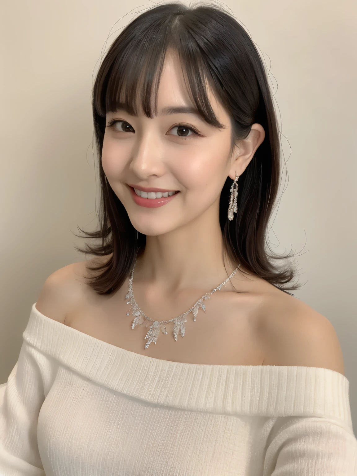 (Solo:1.3),8K, Best quality, Masterpiece, Realistic, Super detail, f/1.2, 85mm, Nikon, Smiling woman with shiny hair, Natural makeup, 50 years old woman, white off-shoulder tops，Ruffled sleeves, Diamond pendant necklace, Emphasize chest, waist shot,