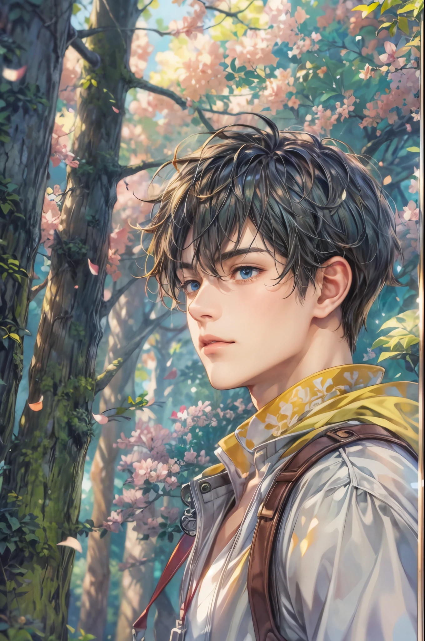 ((Best quality)), ((masterpiece)), (detailed), ((perfect face)), ((halfbody)) handsome face, male, teen boy, perfect proportions , a character from anime groove adventure Rave, short hair, male version , hiro mashima art, detailed ghibli town forest background, detailed ghibli scenery background
