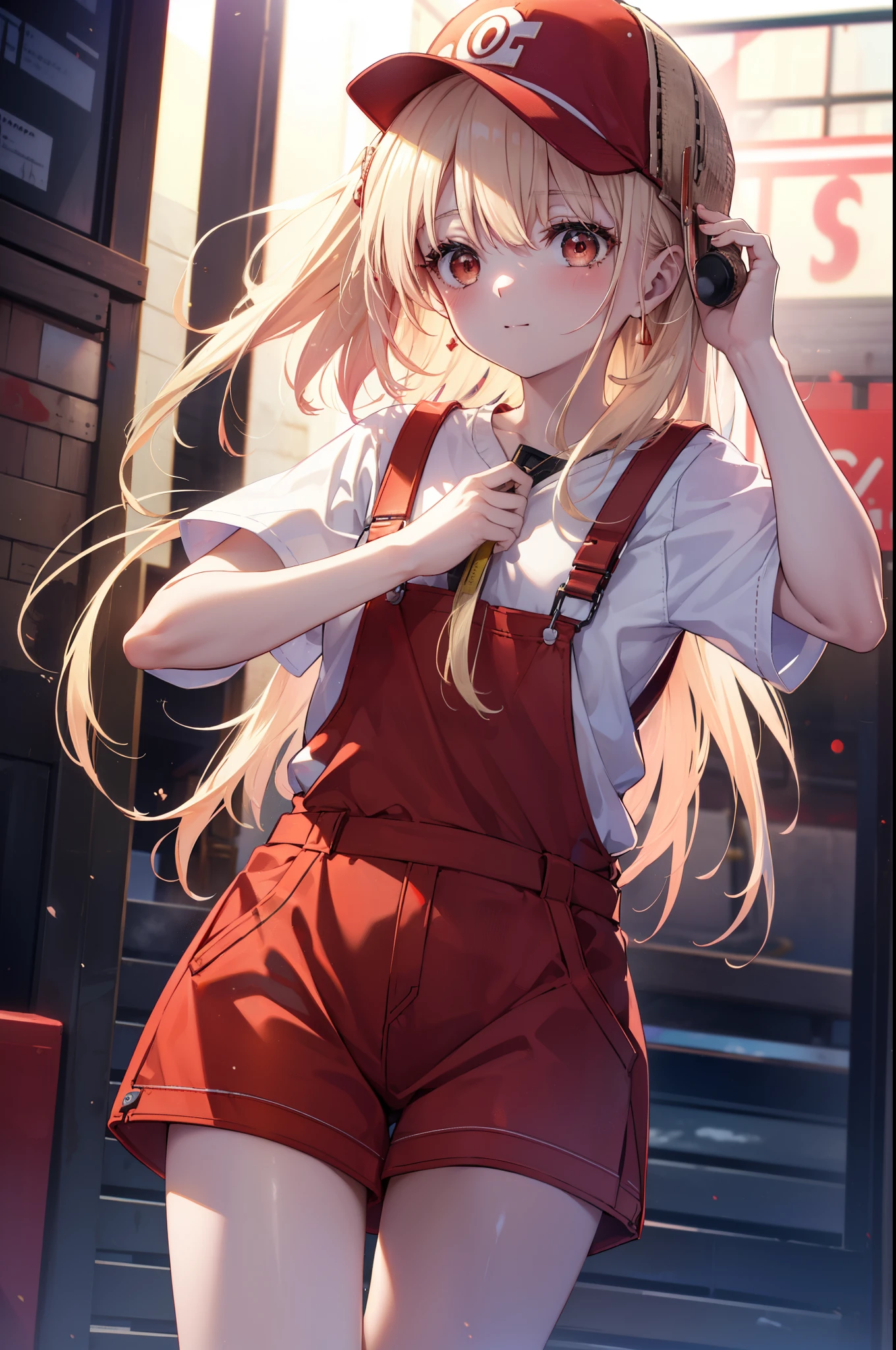 chisatonishikigi, nishikigi chisato, long hair, bangs, blonde hair, (red eyes:1.5), one side up,smile,blush,baseball hat,red sleeveless,Overalls with one handle coming off,short sneakers,baseball Ground Audience seats,I'm turning around,
break outdoors, baseball Ground Audience seats,
break looking at viewer, (cowboy shot:1.5),
break (masterpiece:1.2), highest quality, High resolution, unity 8k wallpaper, (figure:0.8), (detailed and beautiful eyes:1.6), highly detailed face, perfect lighting, Very detailed CG, (perfect hands, perfect anatomy),