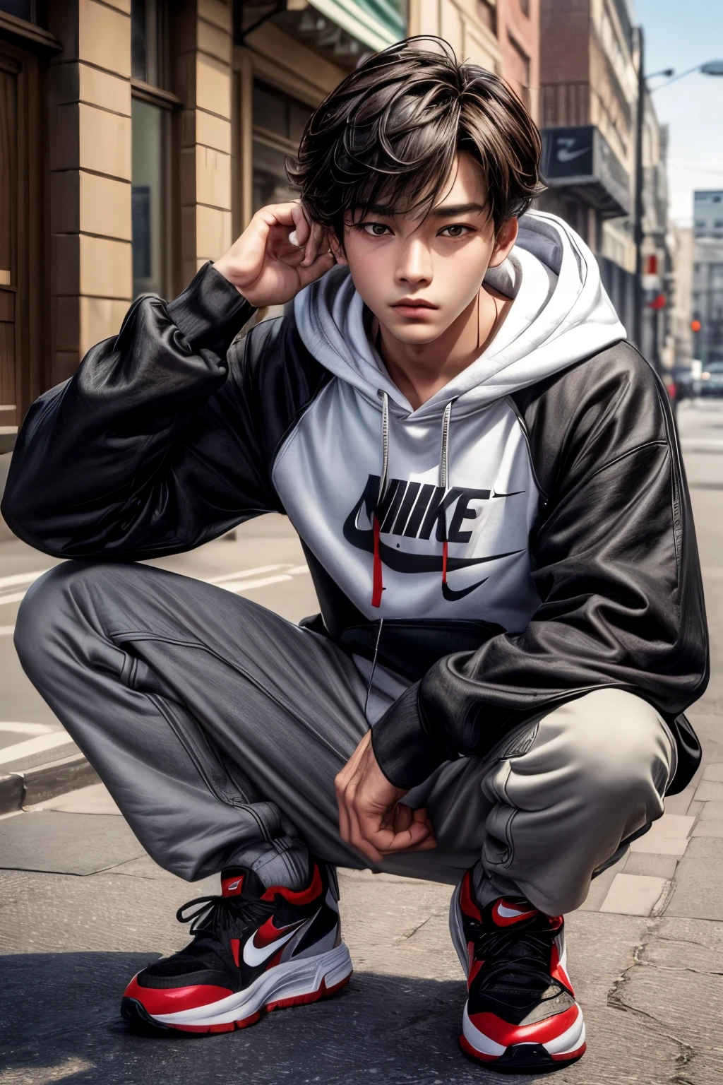 (masterpiece), (extremely intricate:1.3), (realistic), ((1boy)), ((solo)),1 boy, handsome boy, black hair, hair with comma, hair with comma on forehead, Korean hair, street style, hoodie, white background, bright, red eyes, looking at viewer, full body, Nike sneakers.