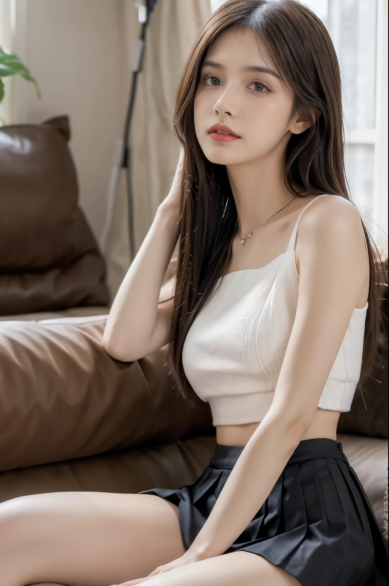 (Best quality, 8K, Masterpiece :1.3), (Realistic, Photorealistic: 1.37), (1girll), (Beautiful woman in her 20s), (Slim), (Emphasis on slender abs :1.3), (Japanese), (Sexy)(Transparent tank top, mini-skirts), (The panties are moist), (Spread legs), (Random hairstyle), (Small breasts :1.3), (Inside the hostel), (Ultra-detailed face), (Detailed eyes), (Double eyelids), (Eyeshadow strengthening), (Many eyelashes), (Long legs), (Professional lighting), (photon maping), (Radio City), (head straight-looking at viewer)(Masturbation)
