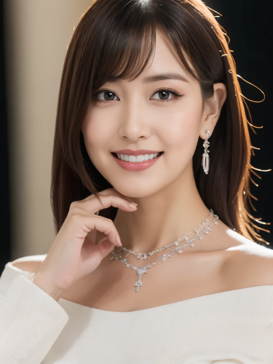 (Solo:1.3),8K, Best quality, Masterpiece, Realistic, Super detail, f/1.2, 85mm, Nikon, Smiling woman with shiny hair, Natural makeup, 50 years old woman, white off-shoulder tops，Ruffled sleeves, Diamond pendant necklace, Emphasize chest, waist shot,