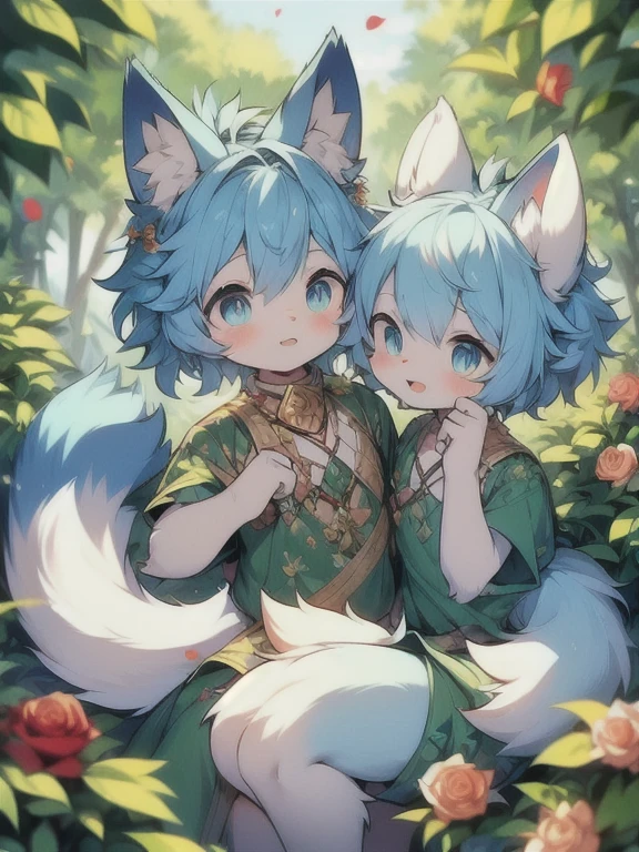 ((masterpiece)), Highest image quality ((hairy)), ((pair of cat ears)), ((cat tail)), blue pupils, short hair, Leaves, fine hair, delicate skin, Lovely, yellow hair, Hair is dull, exquisite eyes, Lovely beast, rose petals floating in the air, a leaf on the head, Zhengtai, Baiyun, forest, Sunlight, hair flying, garden, masterpiece, bushes of wild roses, clover, silly style