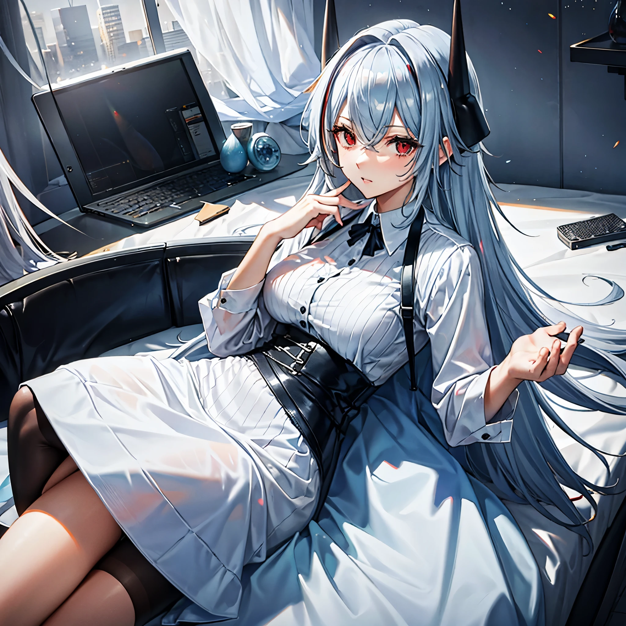 A woman in white cold clothes in a modern cold house, silver hair, red eye.
