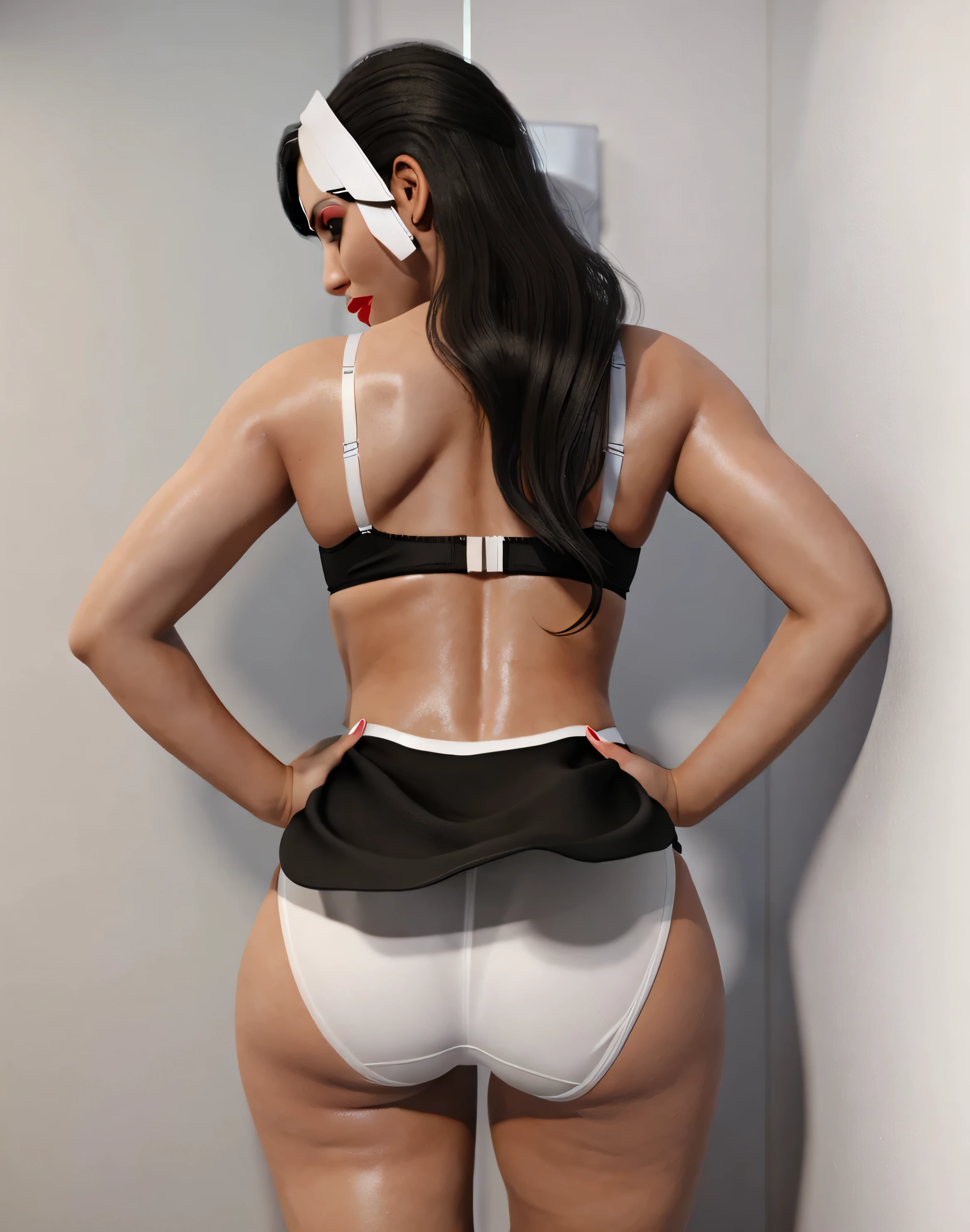 ((((masterpiece, best quality)))), ((33 year old)), (((Curvy))), ((Latina with long black hair)), in ((white bra)), ((white fullback panties)), ((Red lipstick)), ((Standing in a bathroom)), (back facing the camera), (((realistic 3D game model)))