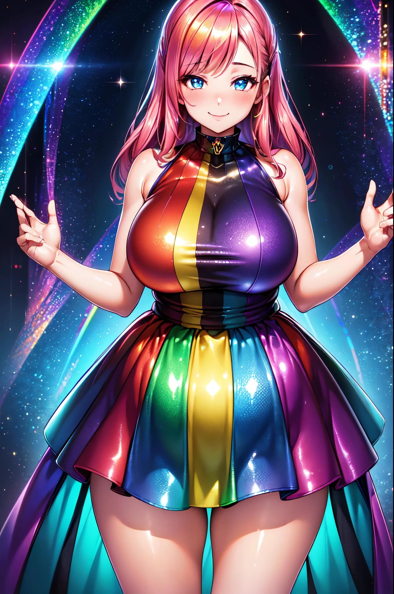 (High quality, High resolution, Fine details), Dark Background, colorful, rainbow-colored reflective dress, shiny fabric, vibrant colors, solo, curvy women, sparkling eyes, (Detailed eyes:1.2), smile, blush, Sweat, Oily skin, Standing, Waist Shot, soft lighting, shallow depth of field