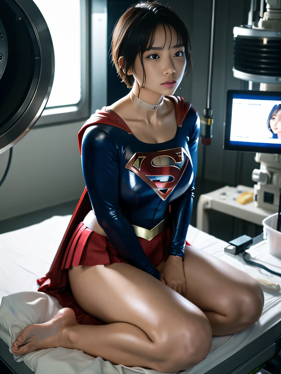 masterpiece、Injured short-haired Supergirl being examined on the operating table in the operating room...、tattered clothes、big and full breasts、look at the camera、shiny costume、milking machine、cloudy liquid、Bukkake、Covered with lotion、Medical equipment、choker、exhausted、long sleeve、barefoot、red mini skirt、test subject