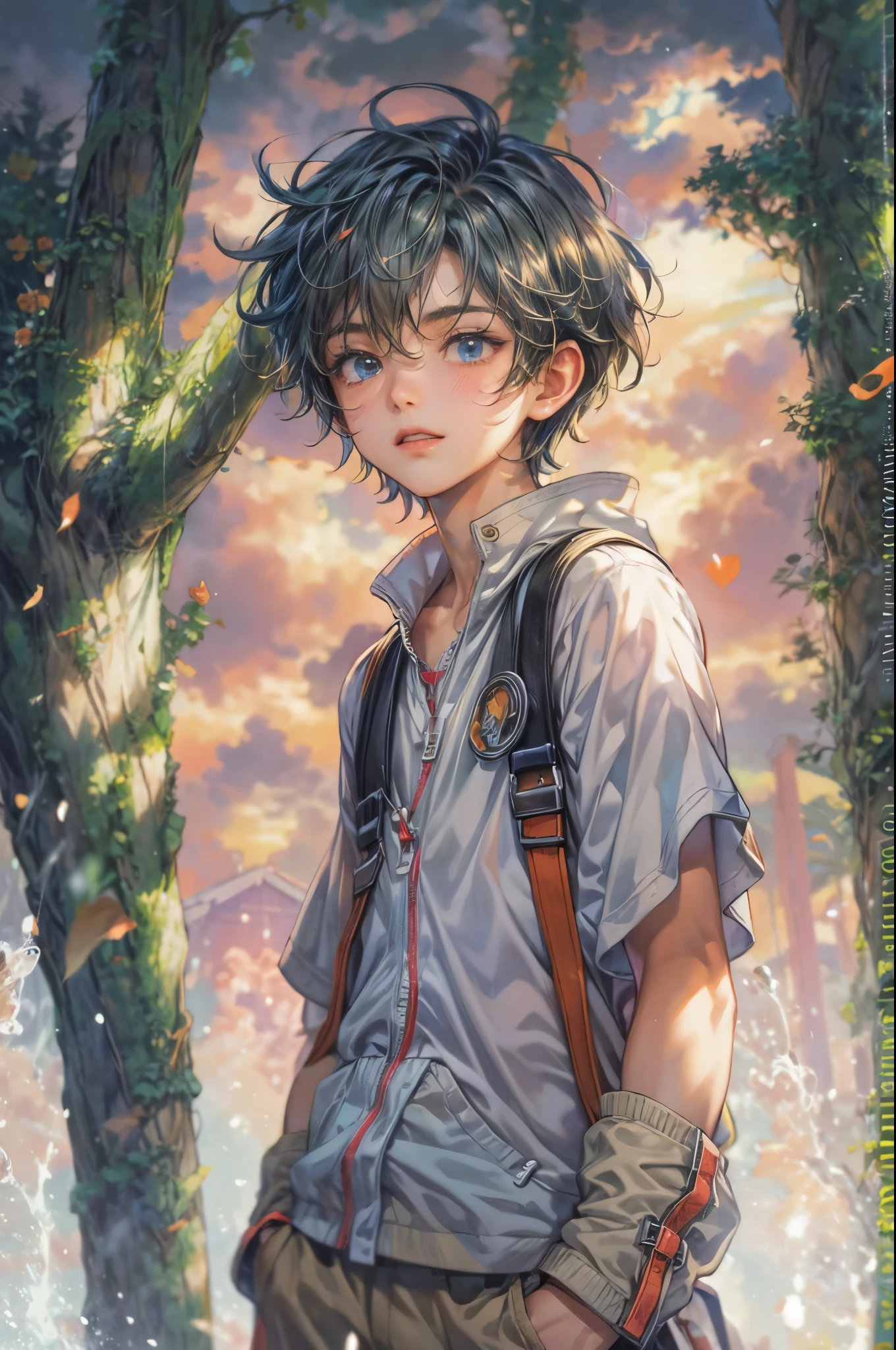 ((Best quality)), ((masterpiece)), (detailed), ((perfect face)), ((halfbody)) handsome face, male, boy, perfect proportions , a character from anime groove adventure Rave, short hair, male version , hiro mashima art, detailed ghibli town forest background, detailed ghibli scenery background