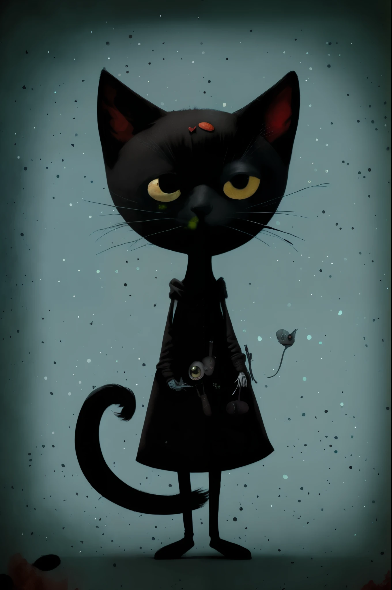 retro style black cat, ２Year、short hair、 punk, Happy, Optimistic,  Hieronymus Bosch, cute、Charm that people like