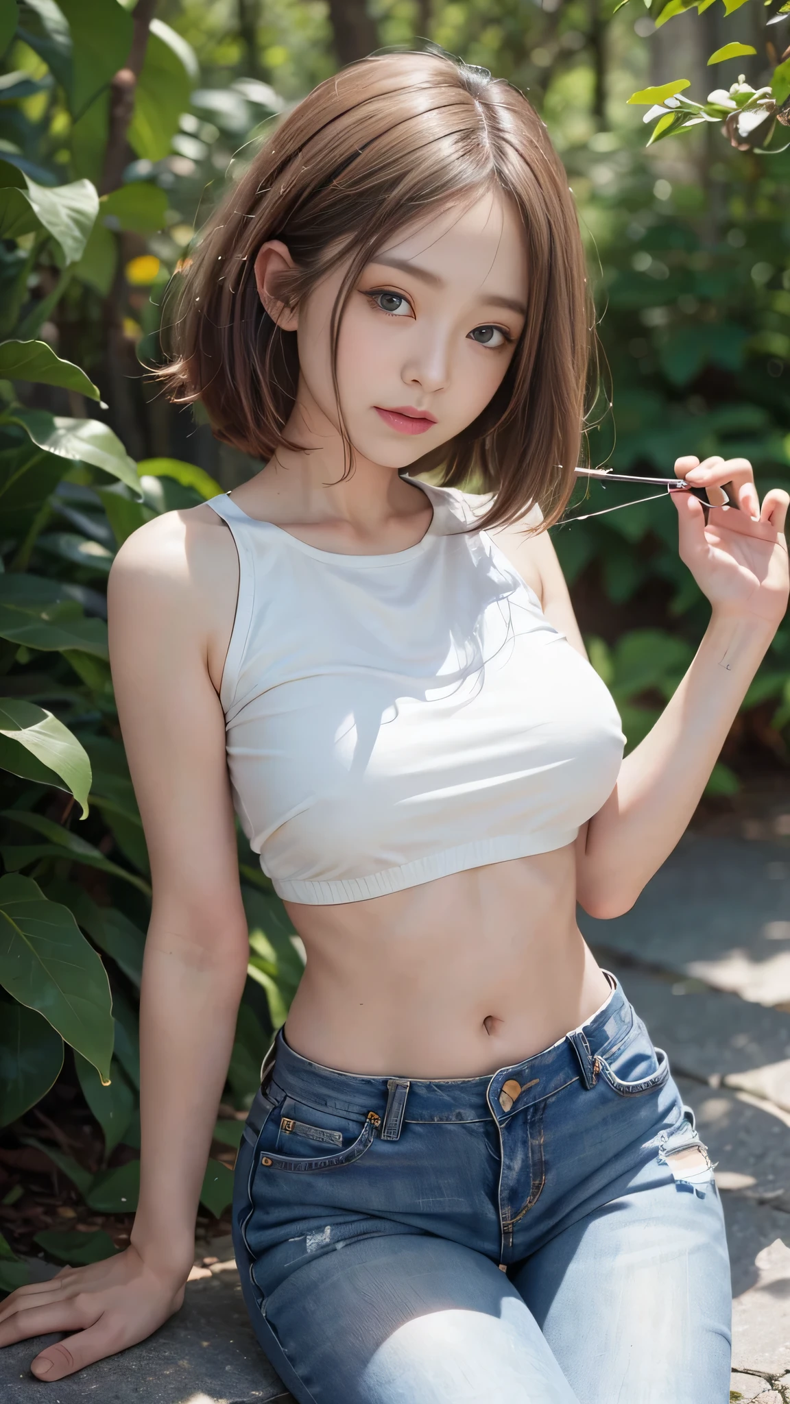 Close-up portrait of a beautiful Japanese girl。She has short, silvery bob hair.、Her hair is messy and falling over her face.。The large eyes are purple、Her gentle smile is impressive。Her cheeks were slightly red、Have a healthy and lively appearance。The girl is wearing a white tank top.、The tank top is wet and sticking to your skin.。She is wearing the shorts from the set and they are wet too.、There's water on my shoulder、It creates an atmosphere as if you are in the rain.。The background is bathed in soft white light.、The light reflects off her hair and skin.。as a whole、The extremely realistic and refreshing depiction is characteristic.。