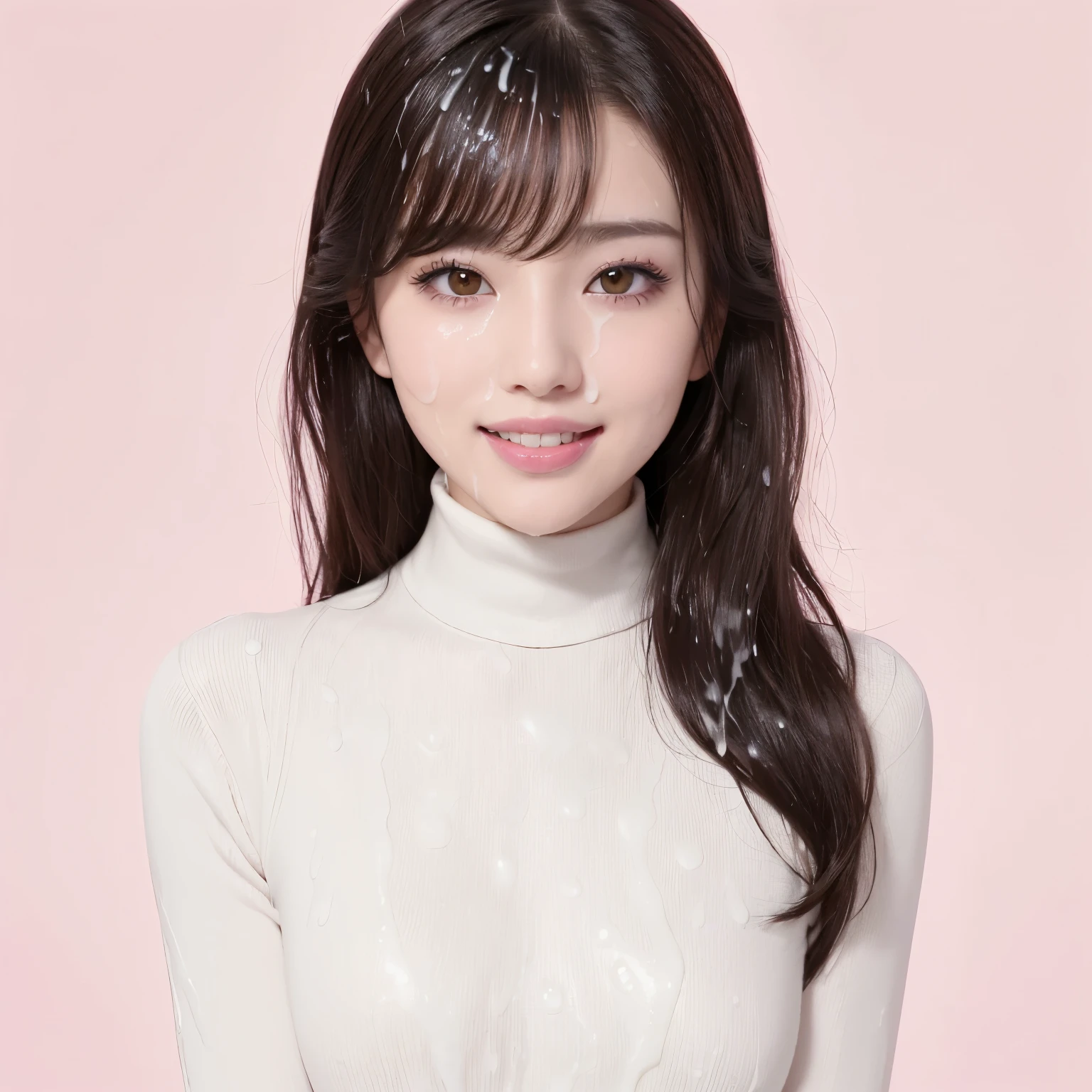 (highest quality、table top、8k、best image quality、Award-winning work)、one beautiful woman、25 years old、(Fixed front configuration:1.1)、(Perfectly fitted red turtleneck tight knit sweater:1.1)、elegant makeup、With bangs、(Elegant berry long wavy hair:1.1)、(stand straight in front of:1.1)、(Stand upright directly in front of you with equal space above, below, left and right.:1.1)、Ultra high definition beauty face、the biggest smile looking at me、(Super high definition perfect beautiful teeth:1.1)、ultra high definition hair、Super high resolution glossy lips、accurate anatomy、(very bright and vivid:1.1)、(close up of face:1.5)、(face covered in semen:1.5)、(The simplest pink plain background:1.1)