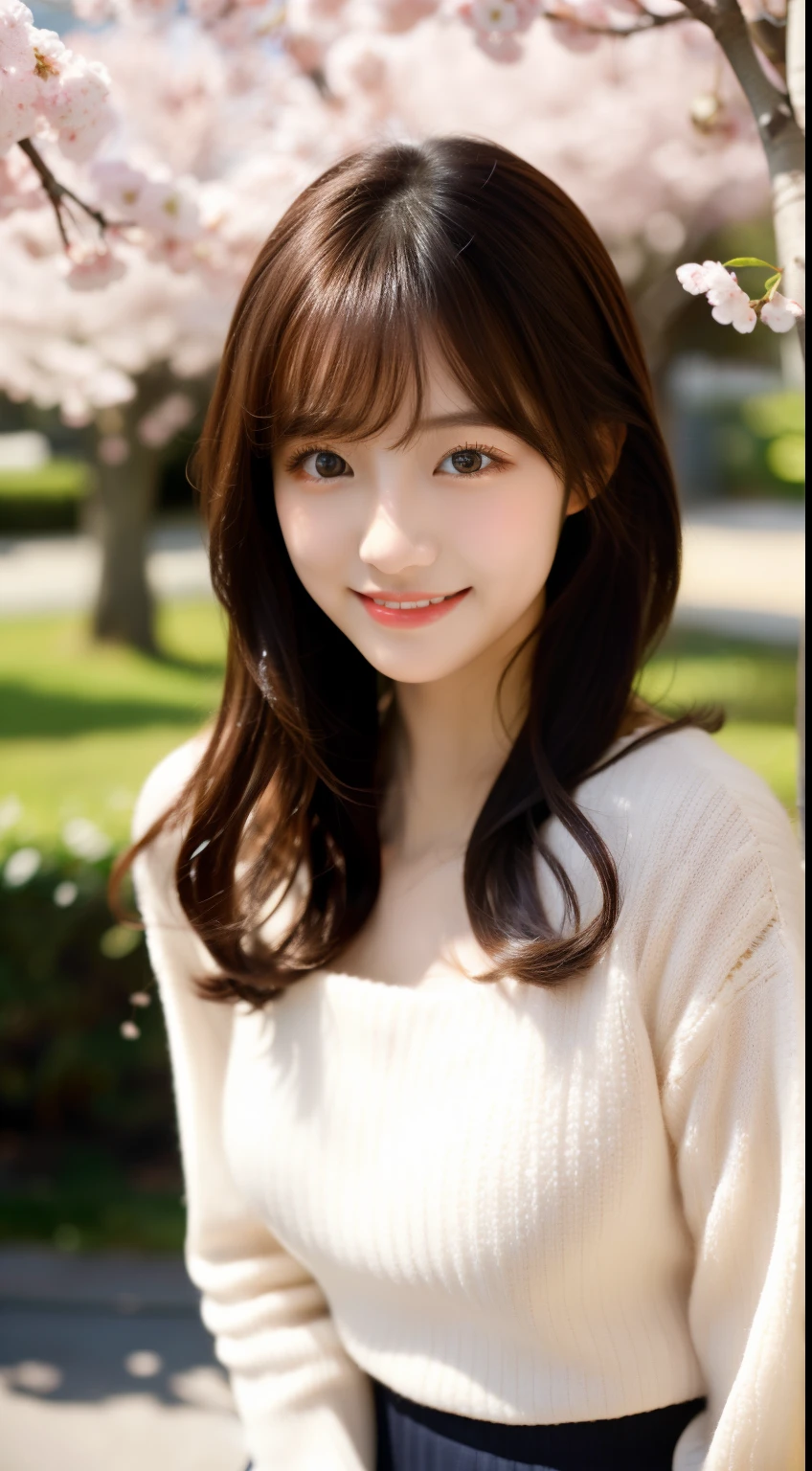 ulzzang-6500-v1.1,(Masterpiece, BestQuality:1.3),(table top:1.3), High resolution, super detailed, very detailed,8k wallpaper, realistic, Photoreal, RAW photo, BREAK Solo、japanese women, 20-year-old、beautiful face,cute, beautiful and detailed face, Open your mouth slightly and smile, detailed eye description, white skin, realistic glitter skin, (brown hair、long hair,detailed hair texture, With bangs),Light makeup, looking at camera,larger breasts, acura, anatomically correct, very detailed顔と肌の質感, natural neck length, wool sweater、tight sweater,fine cloth texture,mini skirt、Cherry blossom trees,Harajuku