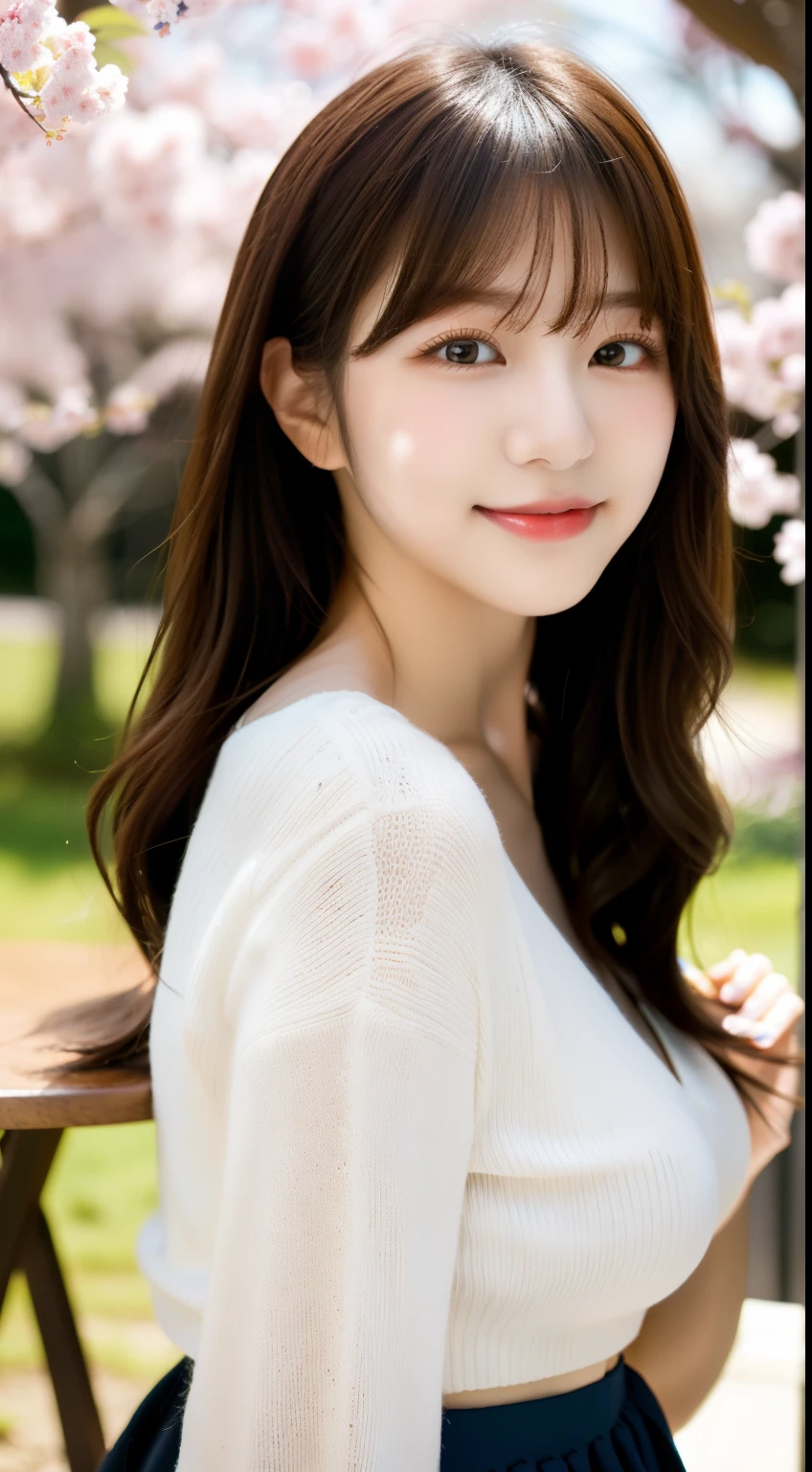 ulzzang-6500-v1.1,(Masterpiece, BestQuality:1.3),(table top:1.3), High resolution, super detailed, very detailed,8k wallpaper, realistic, Photoreal, RAW photo, BREAK Solo、japanese women, 20-year-old、beautiful face,cute, beautiful and detailed face, Open your mouth slightly and smile, detailed eye description, white skin, realistic glitter skin, (brown hair、long hair,detailed hair texture, With bangs),Light makeup, looking at camera,larger breasts, acura, anatomically correct, very detailed顔と肌の質感, natural neck length, wool sweater、tight sweater,fine cloth texture,mini skirt、Cherry blossom trees,Harajuku