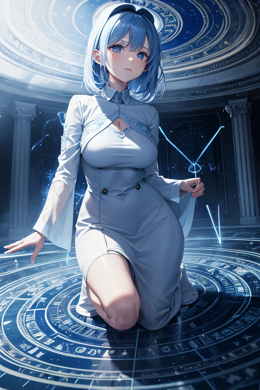 best quality, incredibly absurdres, extremely detailed, huge magic circles on the floor and ceiling, bursting electromagnetic waves that shine blue-white between them, spell letters that appear like holograms, figures, and silhouettes appearing and disappearing, background flashy light