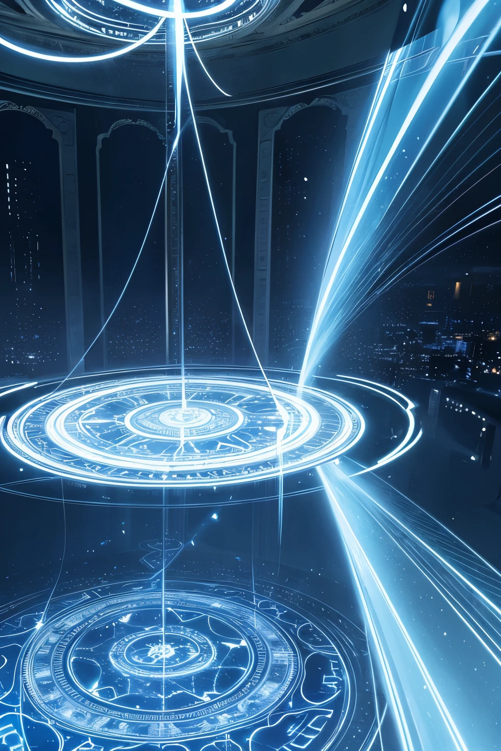 best quality, incredibly absurdres, extremely detailed, huge magic circles on the floor and ceiling, bursting electromagnetic waves that shine blue-white between them, spell letters that appear like holograms, figures, and silhouettes appearing and disappearing, background flashy light