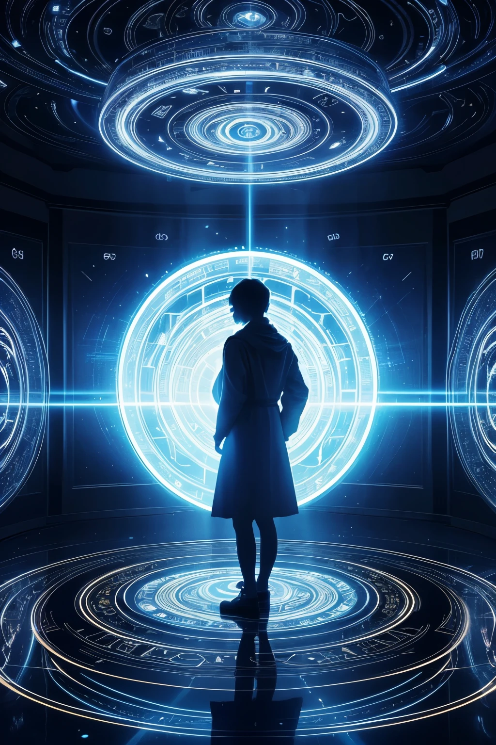 best quality, incredibly absurdres, extremely detailed, huge magic circles on the floor and ceiling, bursting electromagnetic waves that shine blue-white between them, spell letters that appear like holograms, figures, and silhouettes appearing and disappearing, background flashy light
