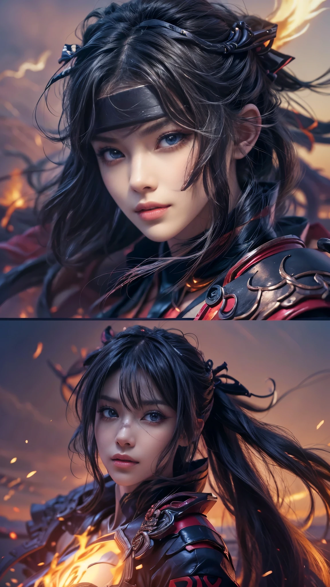 (RAW shooting, Photoreal:1.5, 8k, highest quality, masterpiece, ultra high resolution), perfect dynamic composition:1.2, midnight, Fight:1.2, Sengoku, fire事, いたるところで燃え上がる戦fire:1.3, Highly detailed skin and facial textures:1.2, Slim female ninja with a sharp dagger:1.3, beautiful and aesthetic:1.2, sexy beauty, perfect style, revenge, Strong-willed, belief, wear elaborate rings, fire, water, Wind, thunder, ice, Fair skin, very beautiful face, (Medium chest, Chest gap), (embarrassing smile, The expression on your face when you feel intense caress, Facial expression when feeling pleasure), (wearing a sexy ninja costume:1.2, off shoulder:1.1), (beautiful blue eyes, Eyes that feel beautiful eros:0.8), (Too erotic:0.9, Bewitching:0.9), full body shot, perfect limbs, perfect fingers