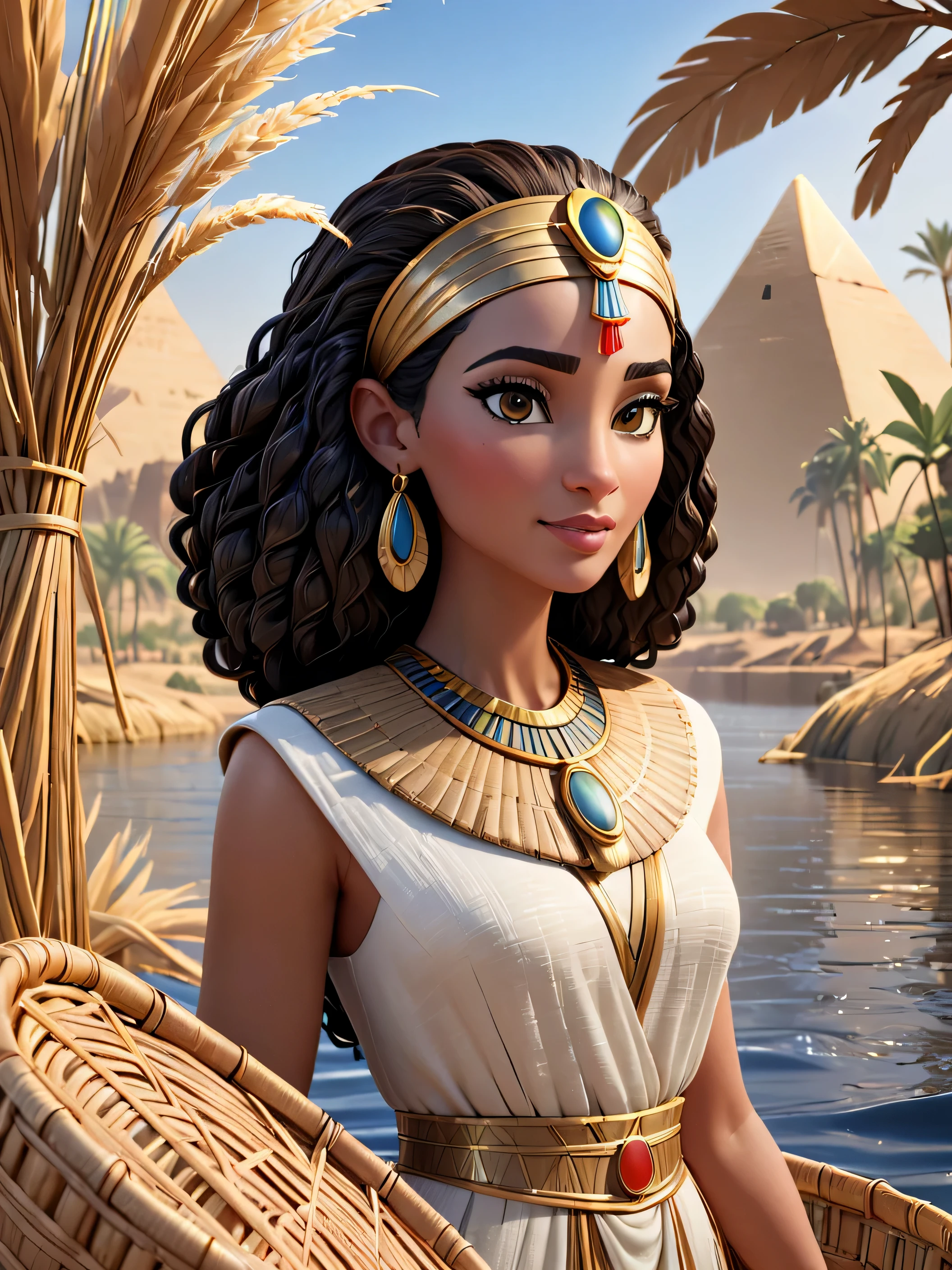 3D Egyptian princess meets Moses, dentro de uma cesta de junco, Fundo do rio Nilo, Pixar render, unreal smooth and cinematic engine, detalhe intrincado, cinematic, High definition