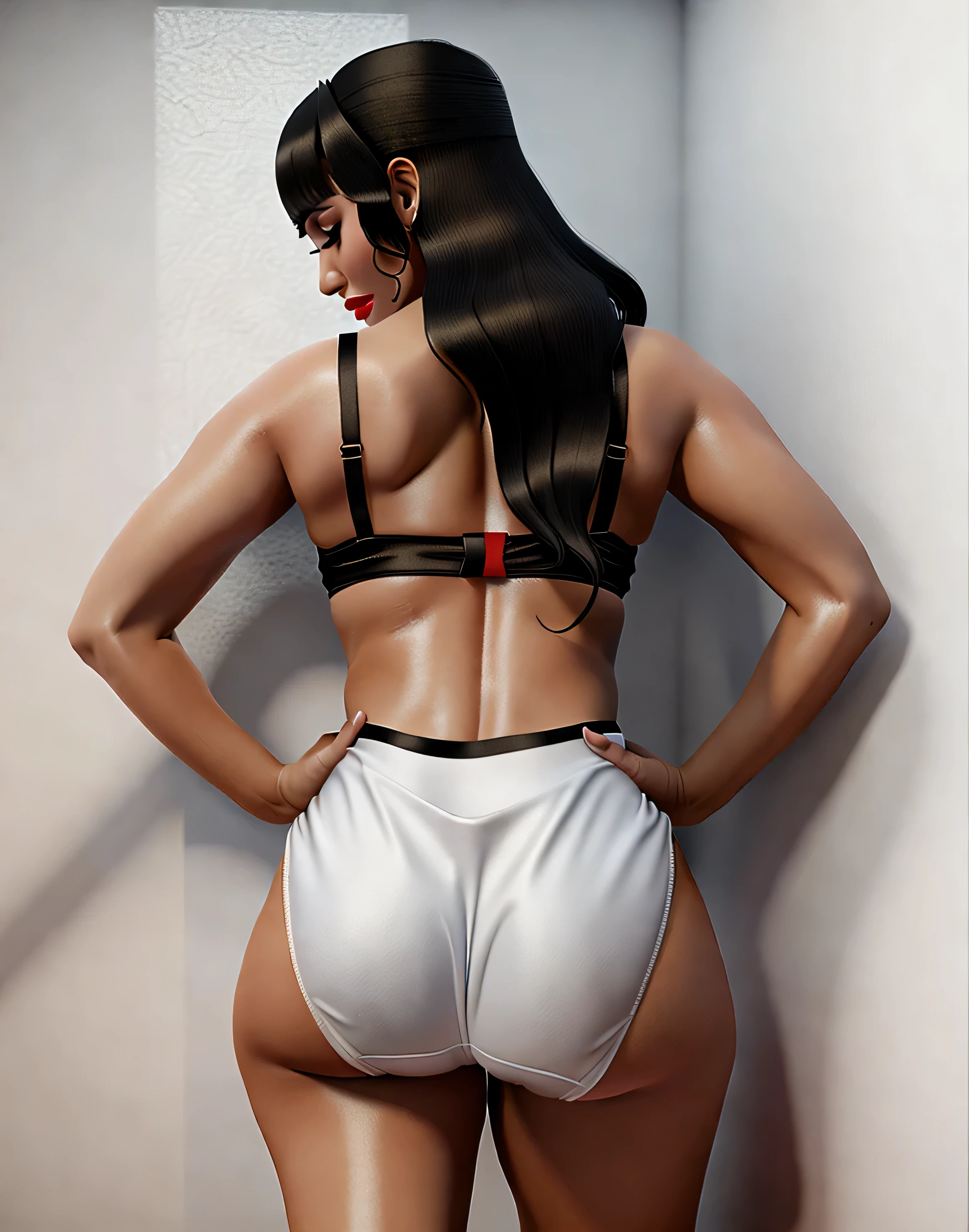 ((((masterpiece, best quality)))), ((33 year old)), (((Curvy))), ((Latina with long black hair)), in ((white bra)), ((white fullback panties)), ((Red lipstick)), ((Standing in a bathroom)), (back facing the camera), (((realistic 3D game model)))