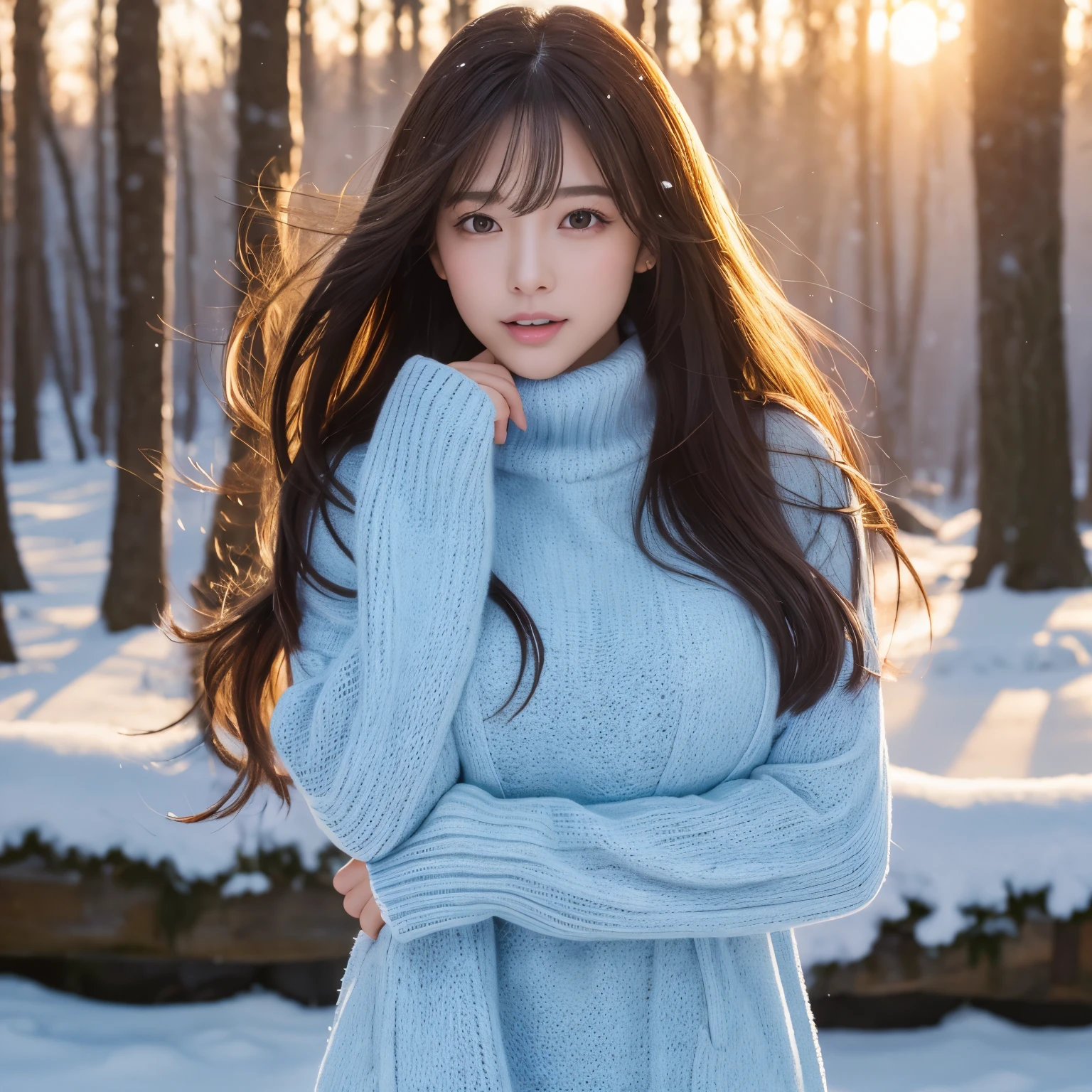 (table top、highest quality、8k、Award-winning work、ultra high resolution)、one beautiful woman、(Perfect navy turtleneck long sleeve knit sweater dress:1.1)、(Very fine knit with a smooth texture:1.1)、long hair、(Snowy mountains of Northern Europe:1.1)、snow forest、mysterious forest snow scene、(blurred background:1.1)、(very bright and vivid:1.1)、(very bright and glowing skin:1.1)、(glamorous body:1.1)、(Tightest knit with perfect fit:1.1)、(very big breasts:1.1)、(emphasize body line:1.1)、winter、(Orgasmic expression staring at me:1.2)、(Squint and open your mouth:1.1)、A vivid and magical sunset、romantic sunset glow、shining snow、beautiful sunlight filtering through the foliage、epic movie lighting、The sparkle of fine diamond dust、perfect fit、(accurate anatomy:1.1)、ultra high definition hair、ultra high resolutionの完璧な美しい歯、Ultra high definition beauty face、ultra high definition hair、Super high-definition sparkling eyes、輝くultra high resolutionの美肌、ultra high resolutionの艶やかな唇、epic movie lighting、the most romantic、the moodiest、romantic love feeling