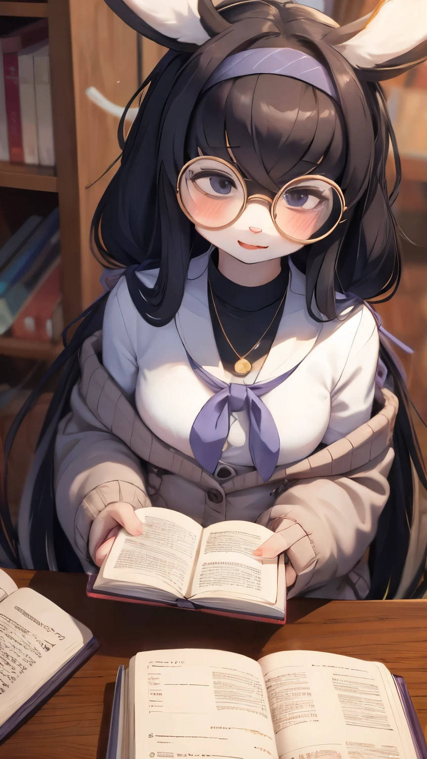 (young :1.3),rabbit furry girl,white rabbit ears,white fur,black long hair,white fluffy rabbit tail,very big round glasses,library,reading book,a cup of cold cacao on table,high angle,full face blush