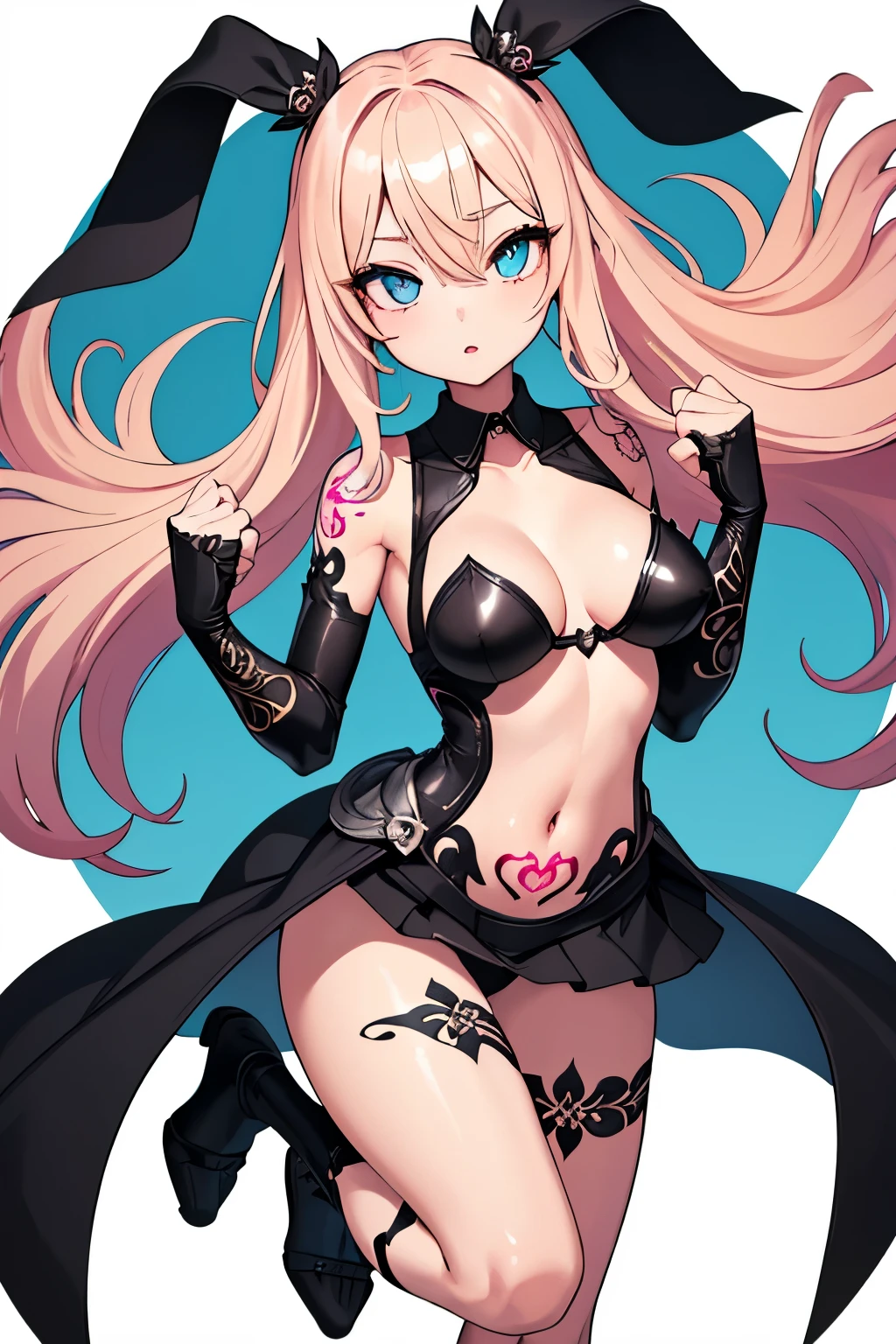 1girl, anime, cute girl, blank background, white background, fantasy, detailed fantasy dress with highlights, beautiful face, beautiful eyes, dark colors, pink hair with some streaks of blue strands, different color pupil in eye, medium small breasts (slightly big), slight cleavage, beautiful skin, cute, breast curtains, extremely delicate and beautiful, (beautiful detailed face:1.0), (detailed deep eyes), symmetrical breasts, deep eyes, shiny skin, portrait, slender waist, hips wider than shoulders, thighs, expressionless, young girl, luminous eyes, adorable，（Kpop idol）,（aegyo sal：1），（Platinum blonde hair：1），（（puffy eye）），Black panty，sexy posture，Superskirt, ultra high resolution，Black collar，slim figure, Abdominal y tattoo, womb tattoo，Tight-fitting leg ring，y tattoo on half-body，Bare skin, Armored hand，Hidden fingertips，Hand covered，Arm covered，Fist covered,{{beautiful detailed fingers}}, tufts of hair, moderate beautiful breast:1.0,