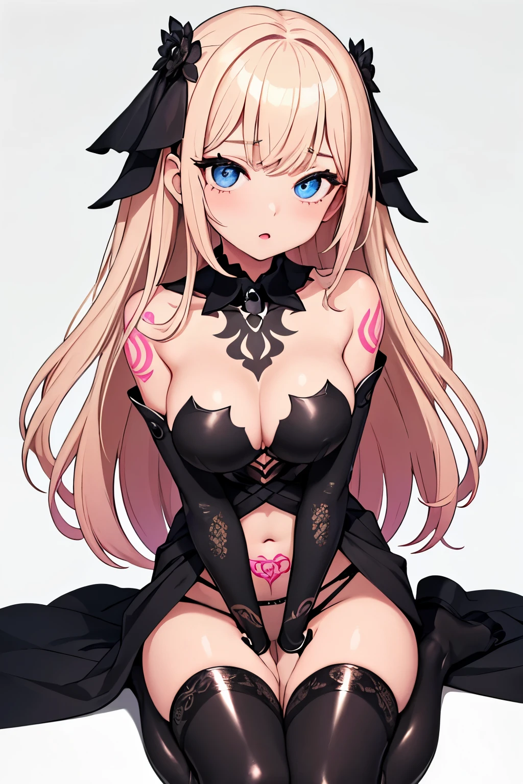 1girl, anime, cute girl, blank background, white background, fantasy, detailed fantasy dress with highlights, beautiful face, beautiful eyes, dark colors, pink hair with some streaks of blue strands, different color pupil in eye, medium small  (slightly big), slight cleavagiful skin, cute, breast curtainsemely delicate and beautiful, (beautiful detailed face:1.0), (detailed deep eyes), symmetrical breasts, deep eyes, sin, portrait, slender waist, hips wider than shoulders, thighs, expressionless, young girl, luminous eyes, adorable，（Kpop idol）,（aegyo sal：1），（Platinum blonde hair：1），（（puffy eye）），Black panty，sexyture，Superskirt, uhigh rlution，Black collar，slim figure, Abdominal y tattoo, womb tattoo，Tight-fitting leg ring，y tattoo on half-body，Bare skin, Armored hand，Hidden fingertips，Hand covered，Arm covered，Fist covered,{{beautiful detailed fingers}}, tufts of hair, moderate beautiful breast:1.0,