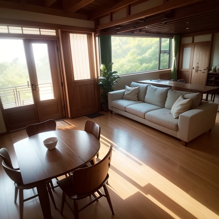 interior design、Insanely detailed wide-angle architectural photo、Cozy contemporary living room、(Bright and warm sunlight 1:0.1)、Award-winning contemporary interior design、landscapes、The table、a chair、in a house、Wooden flooring、window、resturant、east asian east asian architecture、sliding paper doors、abajour、architectural、the woods、naturey、cups、a plant、interior design、Insert lighting and shadows、depth of fields、low illuminance、
