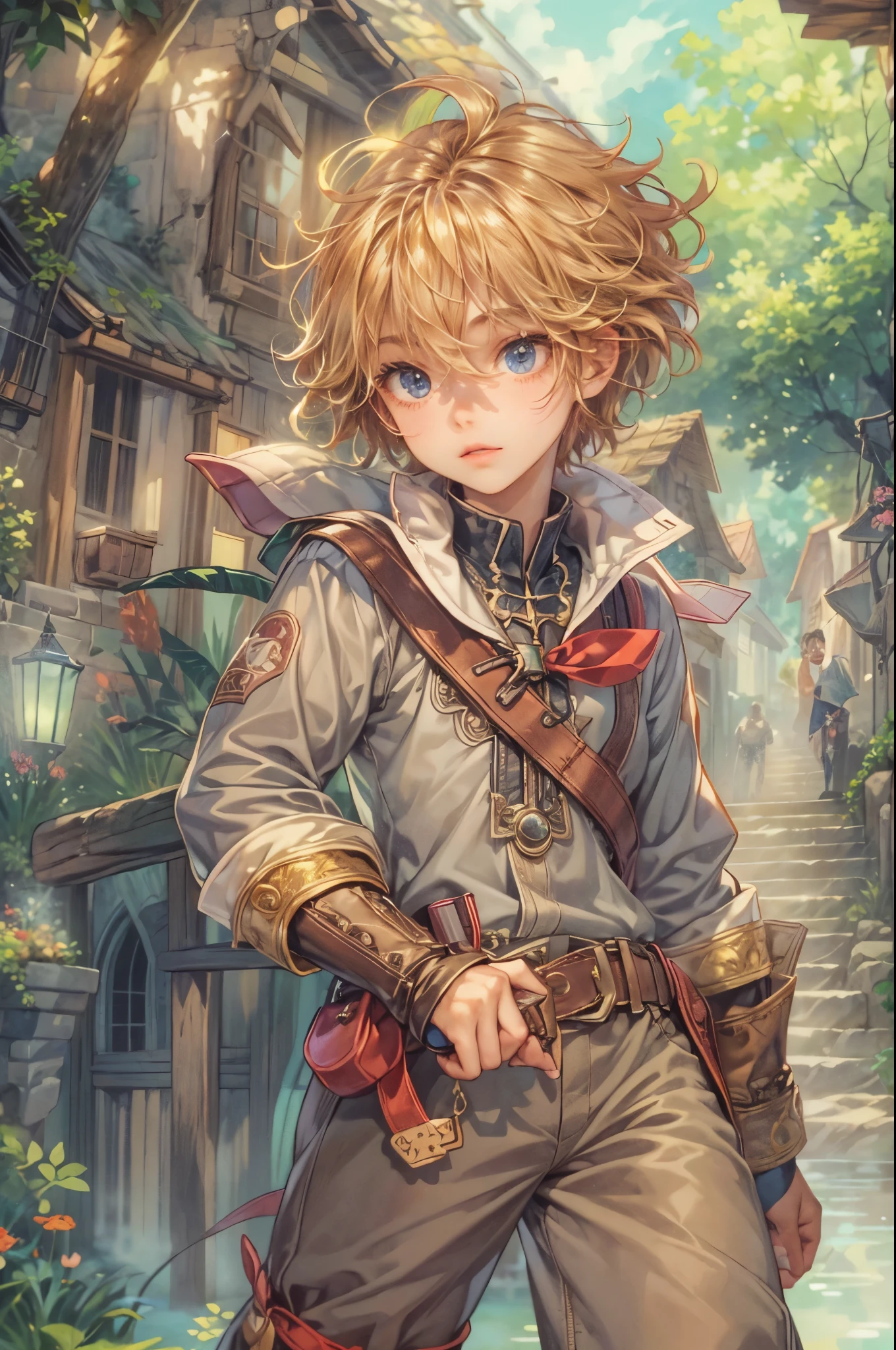 ((Best quality)), ((masterpiece)), (detailed), ((perfect face)), ((halfbody)) handsome face, male, teen boy, perfect proportions , a character from anime legend of mana teardrop crystal, brown short hair, male version , peaceful church of domina scene, detailed church of domina background, detailed ghibli scenery background