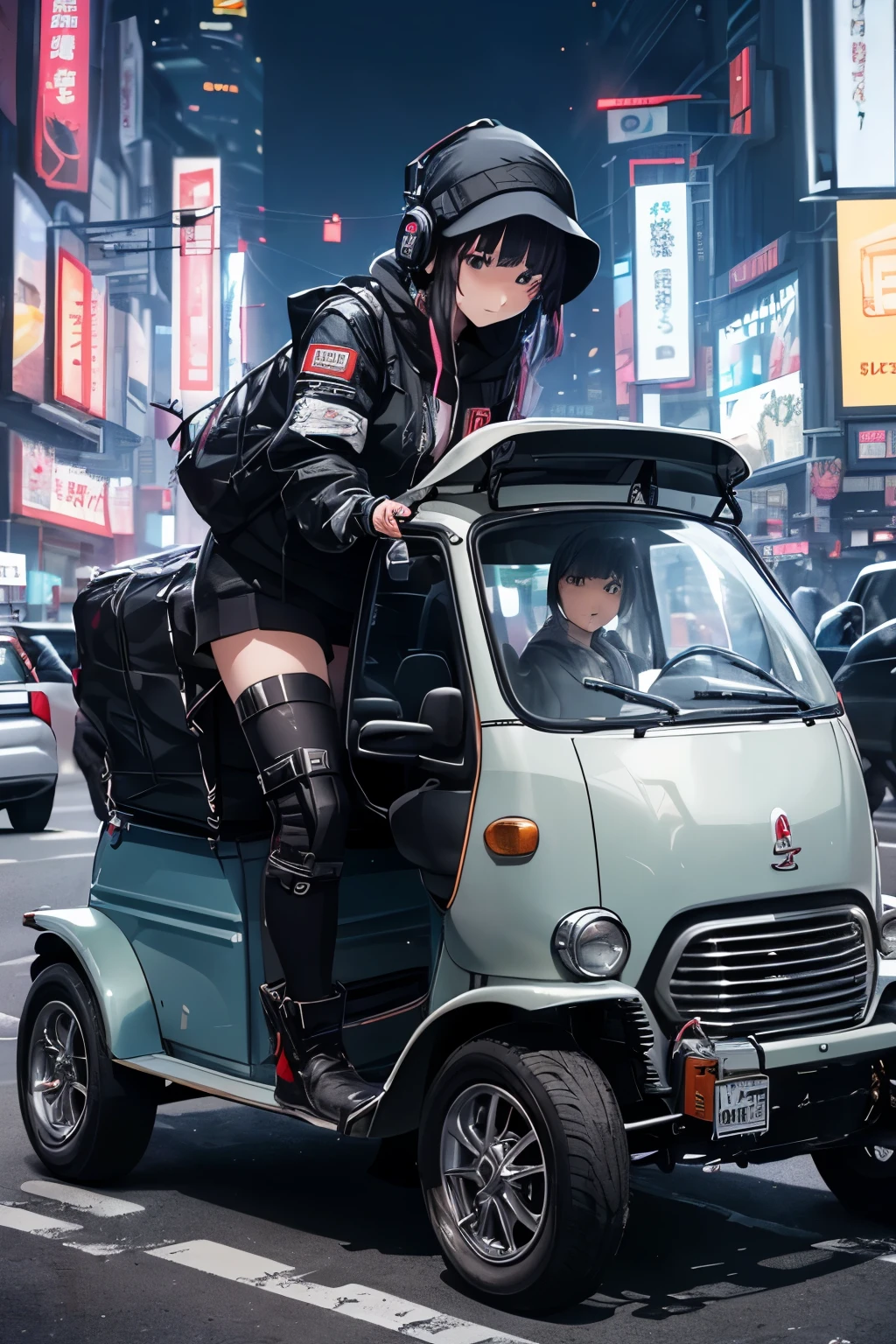 (late at night:1.3), , (Detailed beautiful skin texture, detailedな美しい顔, 超detailedな clothing textures), , (cyber punk:1.4), , (an 超detailedなfour-wheeled and long bonnet tuk-tuk with load on roof carrier and eear loading platform with luggage on it and letter-tyres), , (3/4 正面figure, car is in the center of the frame), , (in the parking lot, at 超detailedな Night City of cyber punk), (すべての車はcyber punk風にカスタマイズされたクラシックカーです), , (soft writing), , (masterpiece, highest quality:1.4, 8k, 超detailedな, figure, clear_image, Complex_detailed, delicate figure), (realistic:0.15),