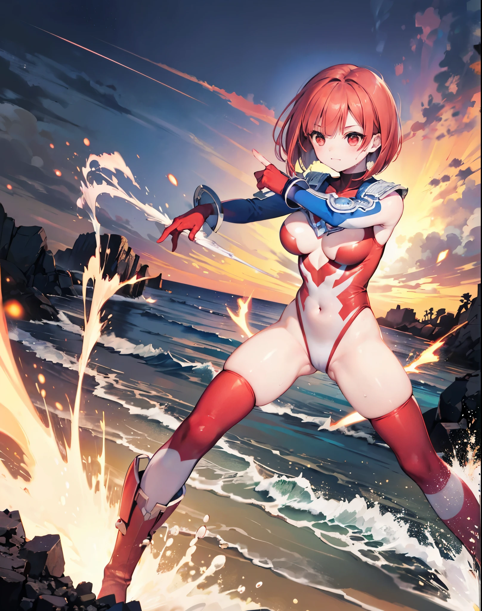 highest quality, ultra detail, High quality CG drawing, The most delicate and beautiful, Floating gently, High resolution, (1 giant woman), (Highest image quality,4K,8K,masterpiece:1.2),(all red hair:1.5),(short bob:1.5),(red eyes:1.5), Ultraman,(ultra girl:1.0), 赤いUltramanボディスーツ,slightly bigger breasts,red gloves,(rampage :1.0), whole body, (finding stance), ((dynamic), be familiar with fingers, be familiar with hands, be familiar with face), be familiar with,(battle at sea:1.2),soaked in the sea,inflammation,(get wet:1.3)