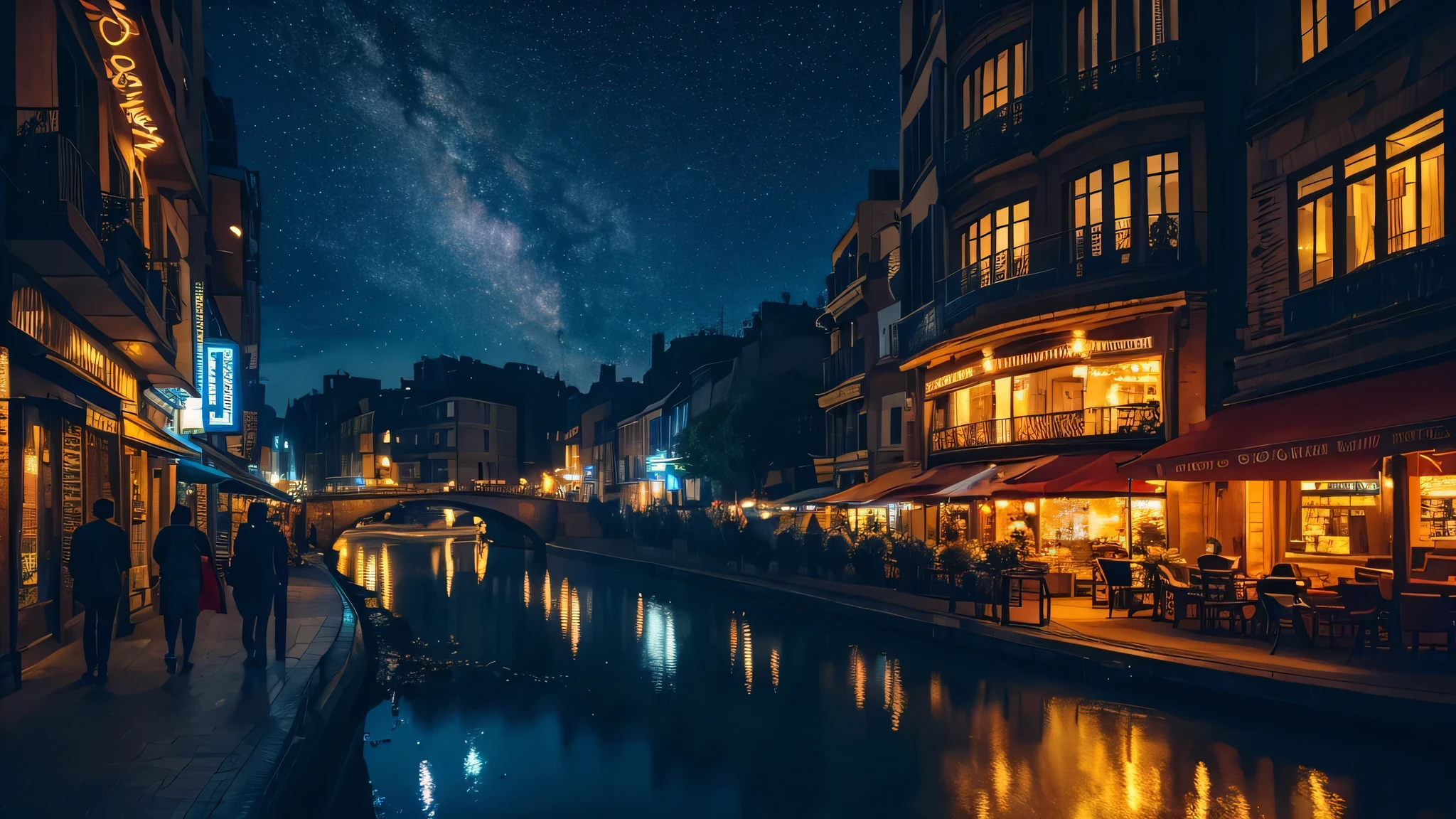(highest quality,4k,8k,High resolution,masterpiece:1.2),super detailed,(realistic,photorealistic,photo-realistic:1.37),night,jazz,landscape,illuminated by moonlight,cityscape,Bright colors,magical atmosphere,reflection on water surface,incandescent lamp,winding street,Saxophonist playing under a streetlight,romantic atmosphere,Exciting shadows,softly lit window,late-night cafes,dynamic jazz music,starry skies,Mysterious silhouette,dreamy and enchanting scene,fluid brush strokes,impressionist style,deep blue and purple shades,Moonlight casting long shadows on the cobblestone road,smoky jazz club,Vivid musical notes floating in the air,hustle and bustle of the city by night.