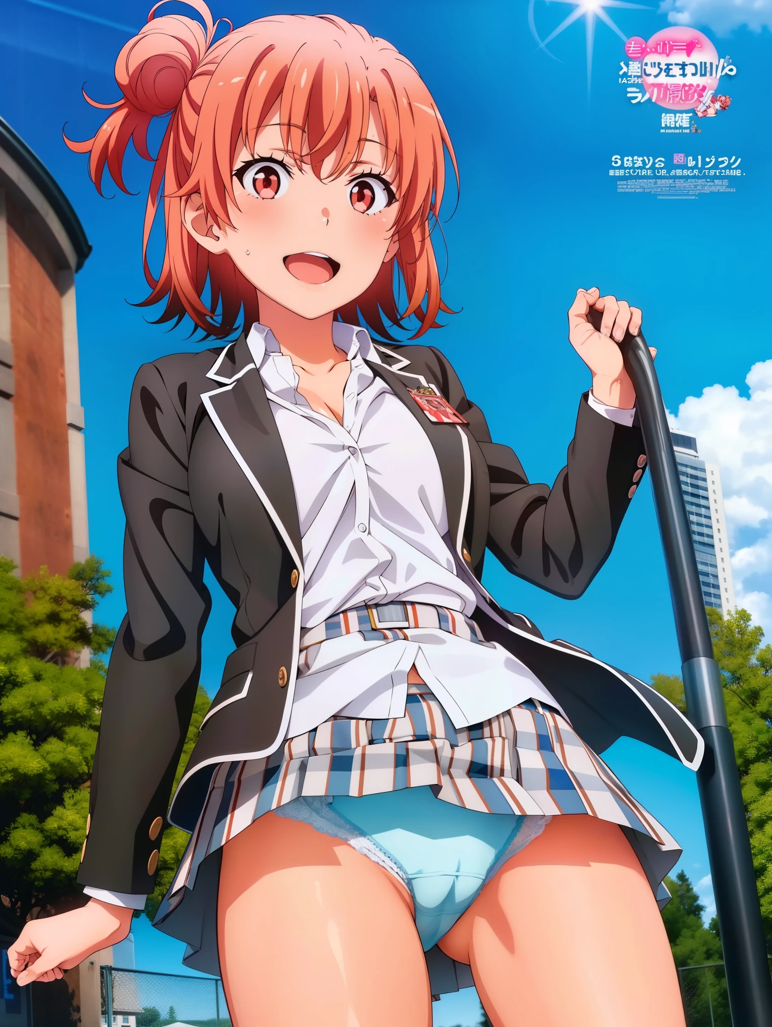 1 girl,playground,(Yuigahama Yui),big breasts,jump,open mouth smile,uniform,blazer,shirt,check skirt,(Pussy cameltoe in panties:1.0),(white panties),