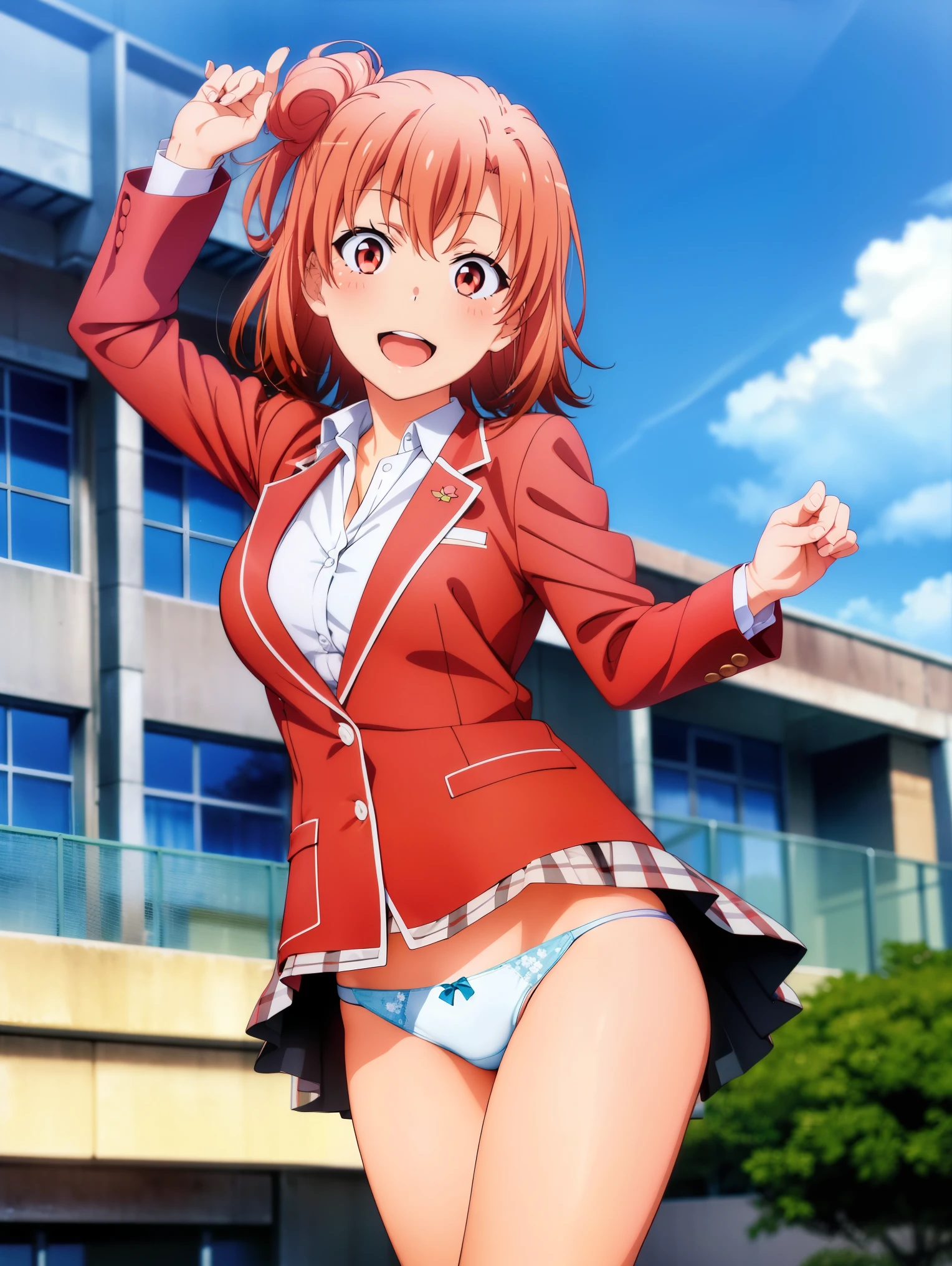 1 girl,playground,(Yuigahama Yui),big breasts,jump,open mouth smile,uniform,blazer,shirt,check skirt,(Pussy cameltoe in panties:1.0),(white panties),
